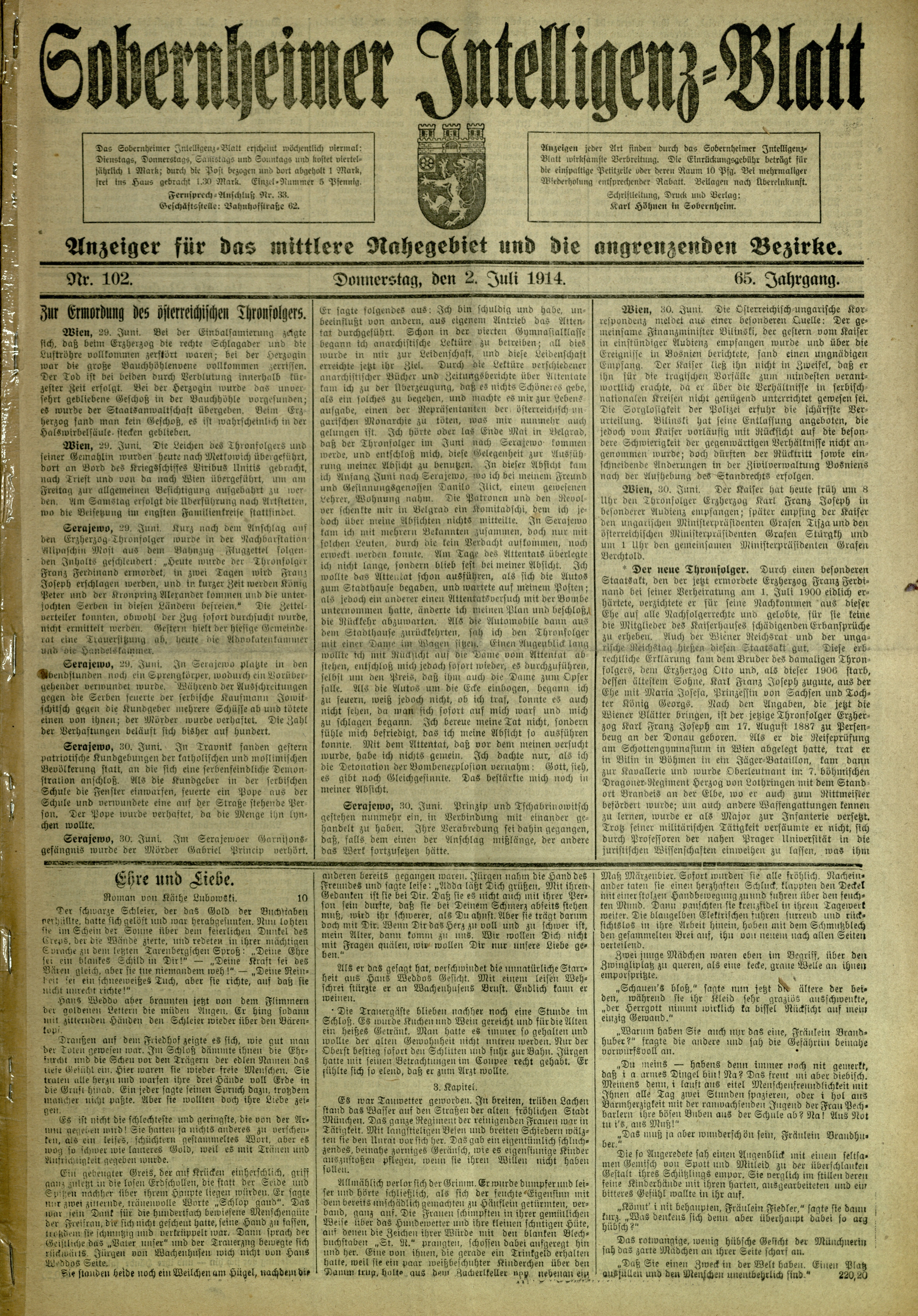 Zeitung: Sobernheimer Intelligenzblatt; Juli 1914, Jg. 65, Nr. 102 (Heimatmuseum Bad Sobernheim CC BY-NC-SA)