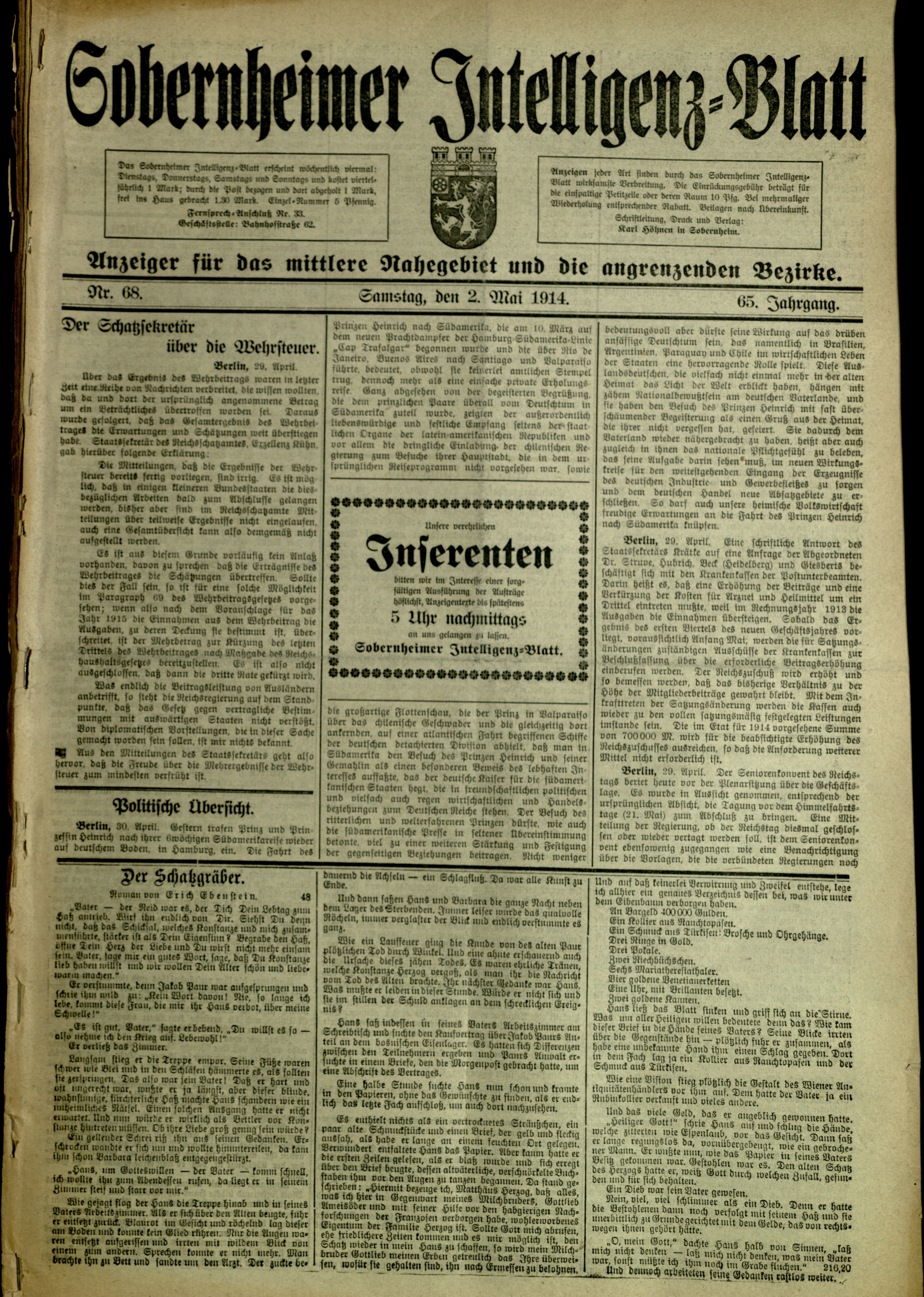 Zeitung: Sobernheimer Intelligenzblatt; Mai 1914, Jg. 65 Nr. 68 (Heimatmuseum Bad Sobernheim CC BY-NC-SA)