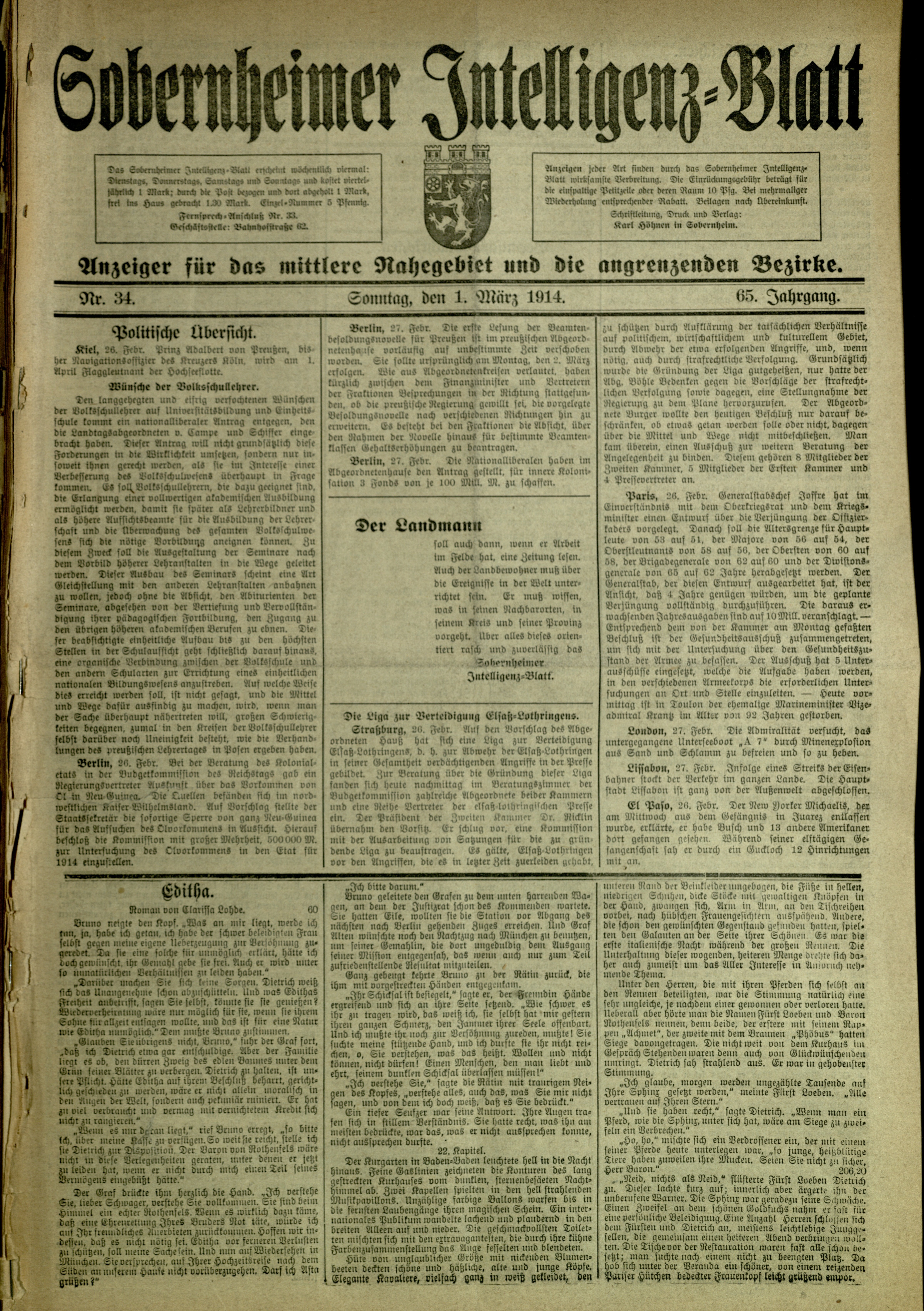 Zeitung: Sobernheimer Intelligenzblatt; März 1914, Jg. 65 Nr. 34 (Heimatmuseum Bad Sobernheim CC BY-NC-SA)
