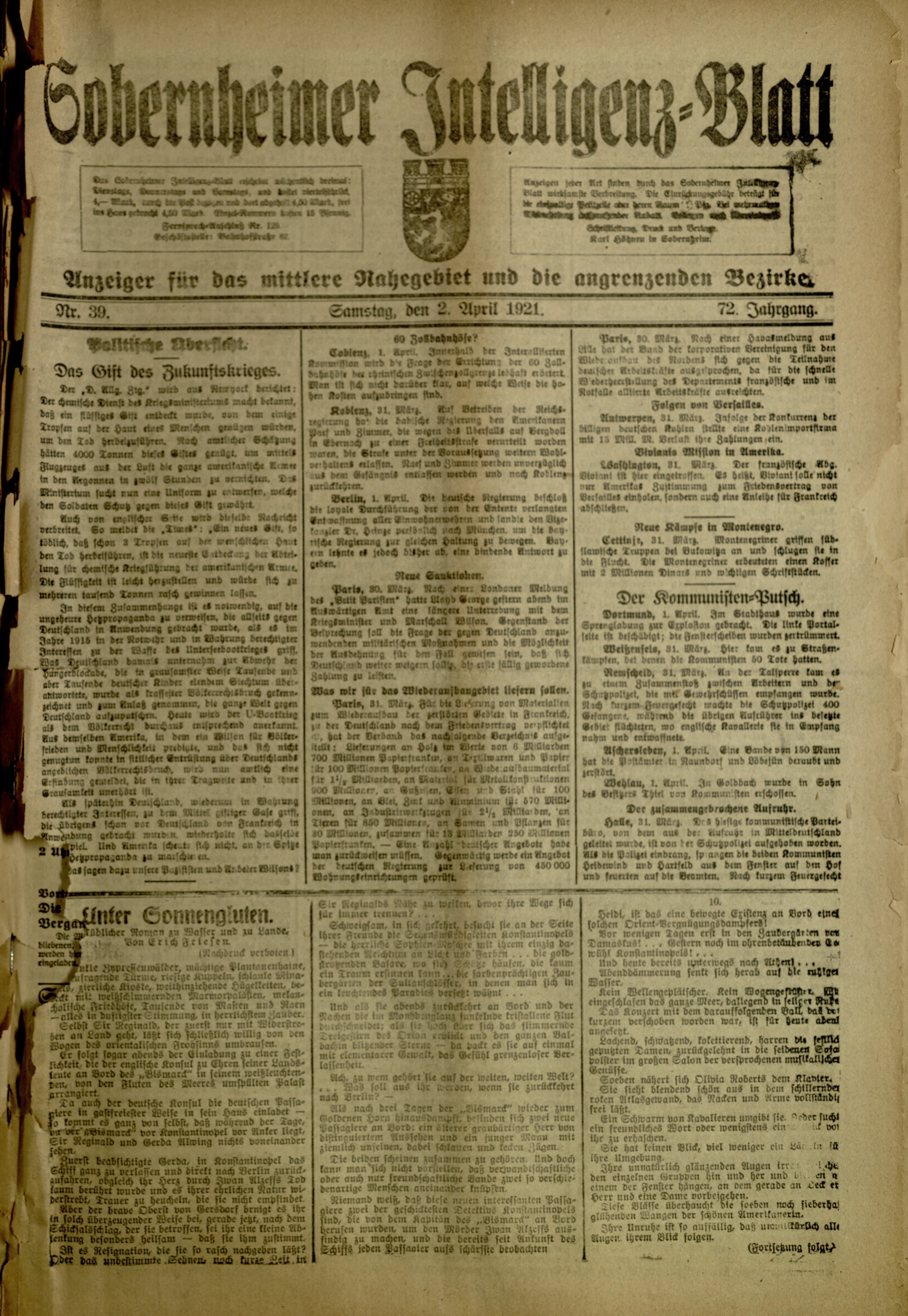 Zeitung: Sobernheimer Intelligenzblatt; April 1921, Jg. 72 Nr. 39 (Heimatmuseum Bad Sobernheim CC BY-NC-SA)