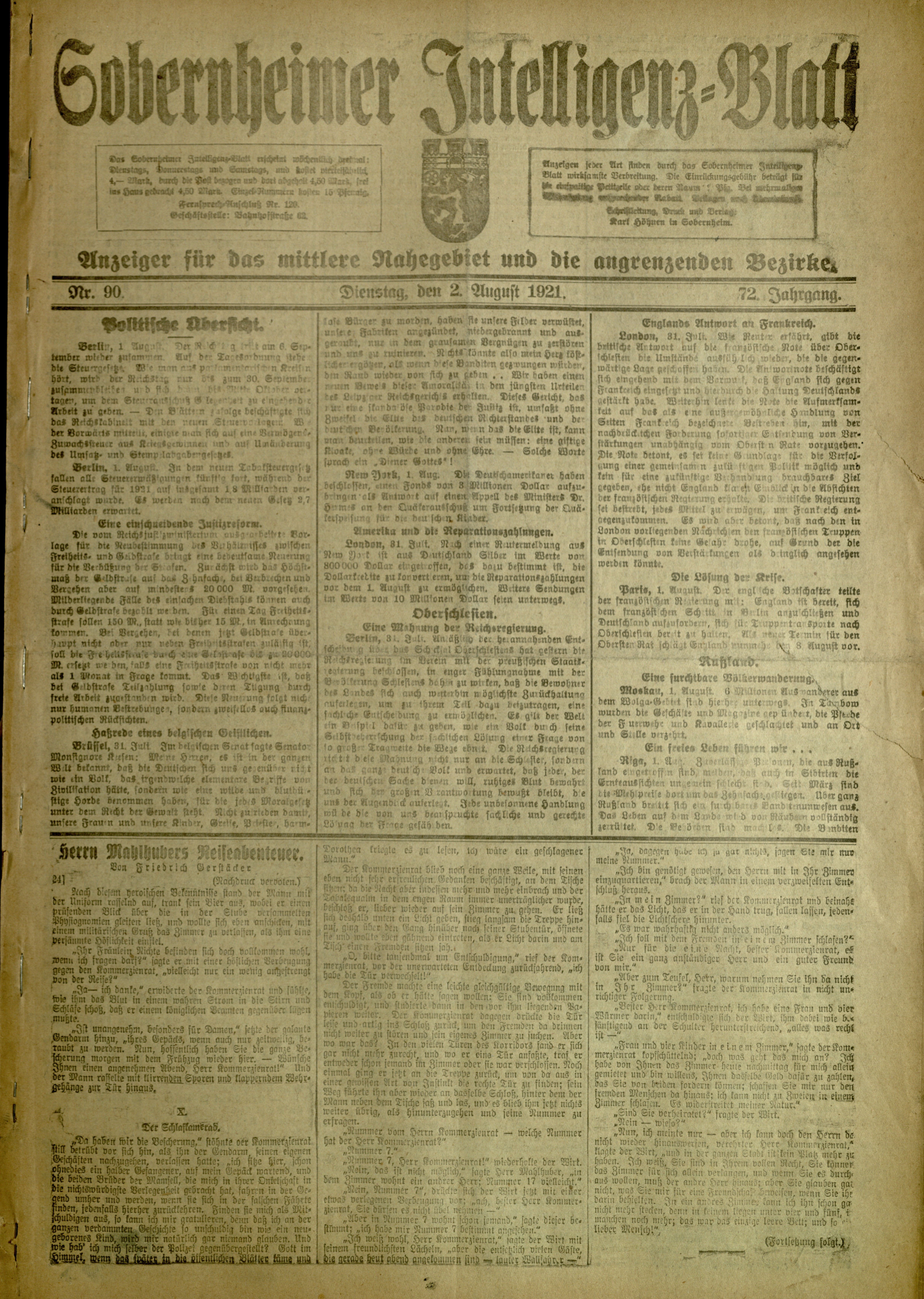 Zeitung: Sobernheimer Intelligenzblatt; August 1921, Jg. 72 Nr. 90 (Heimatmuseum Bad Sobernheim CC BY-NC-SA)
