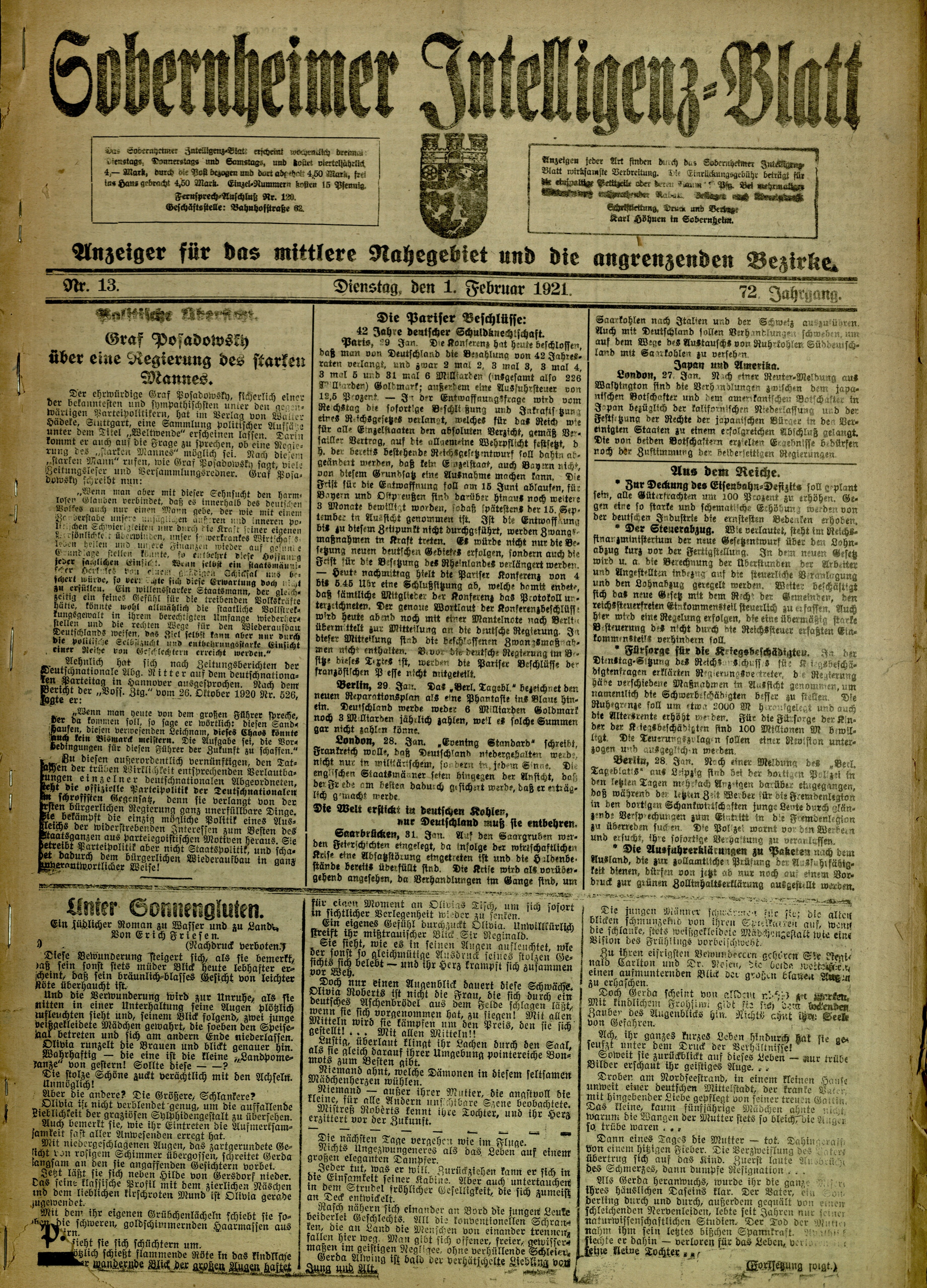 Zeitung: Sobernheimer Intelligenzblatt; August 1921, Jg. 72 Nr. 13 (Heimatmuseum Bad Sobernheim CC BY-NC-SA)