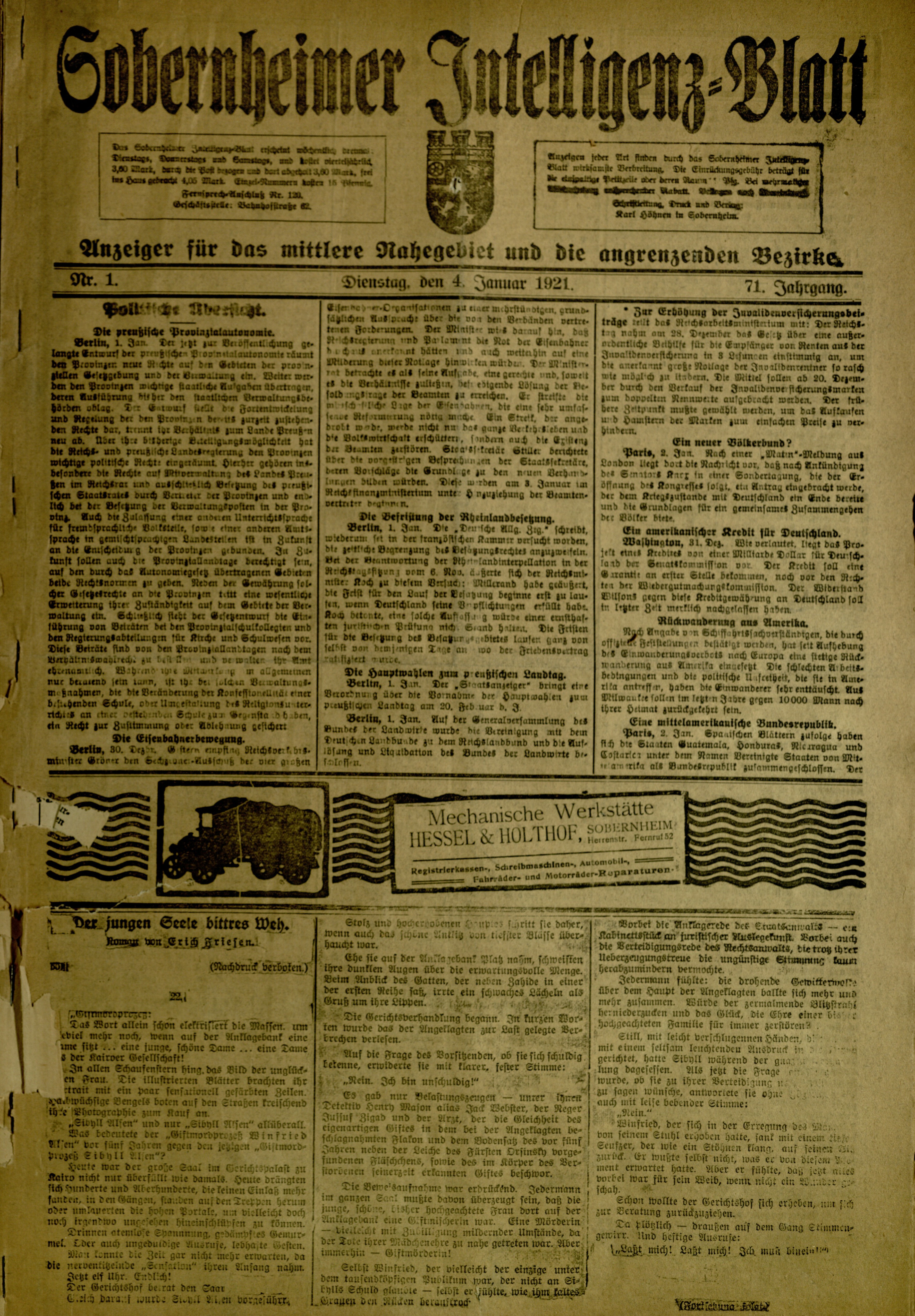 Zeitung: Sobernheimer Intelligenzblatt; Januar 1921, Jg. 72 Nr. 1 (Heimatmuseum Bad Sobernheim CC BY-NC-SA)
