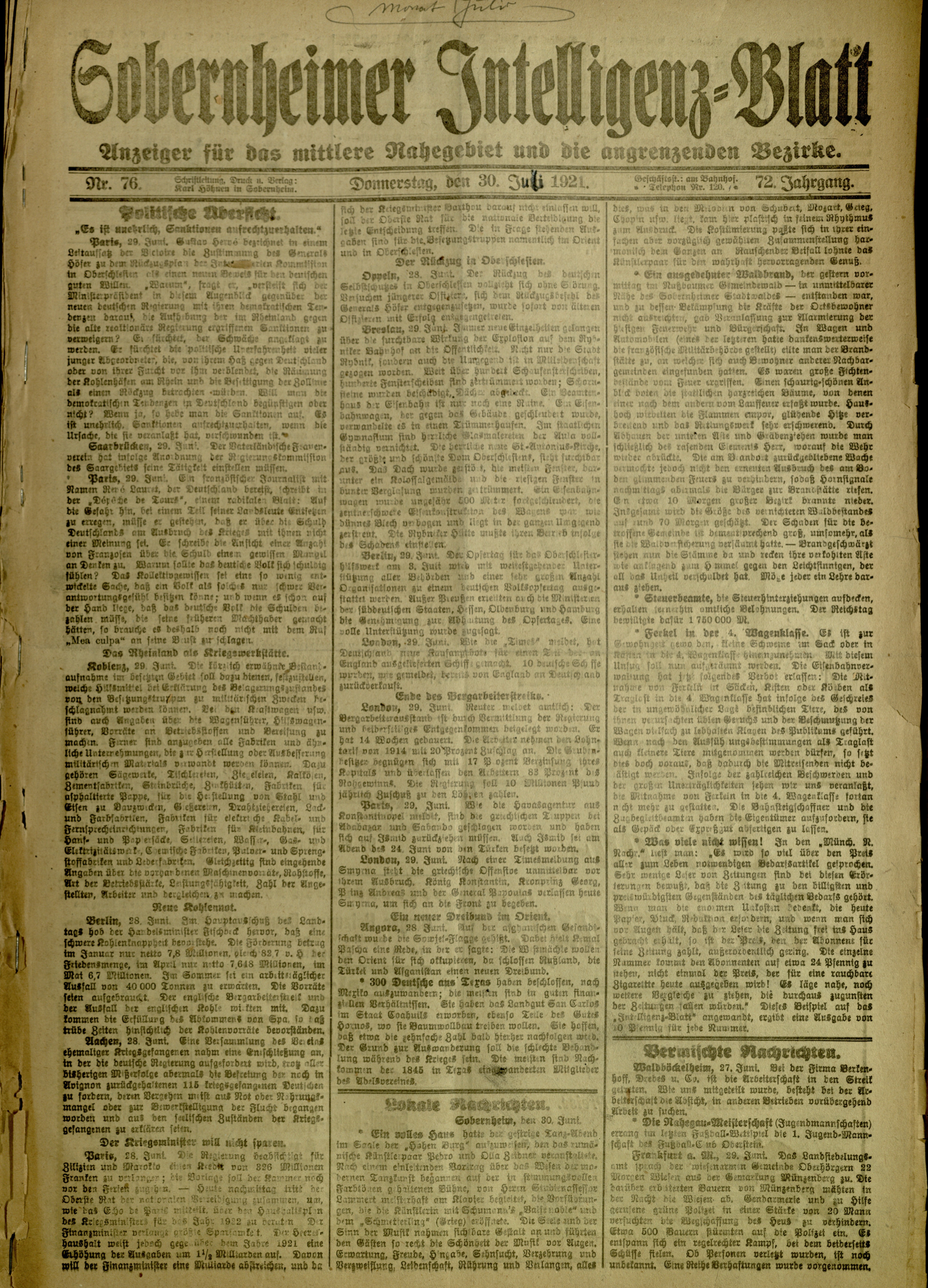 Zeitung: Sobernheimer Intelligenzblatt; Juli 1921, Jg. 72 Nr. 67 (Heimatmuseum Bad Sobernheim CC BY-NC-SA)
