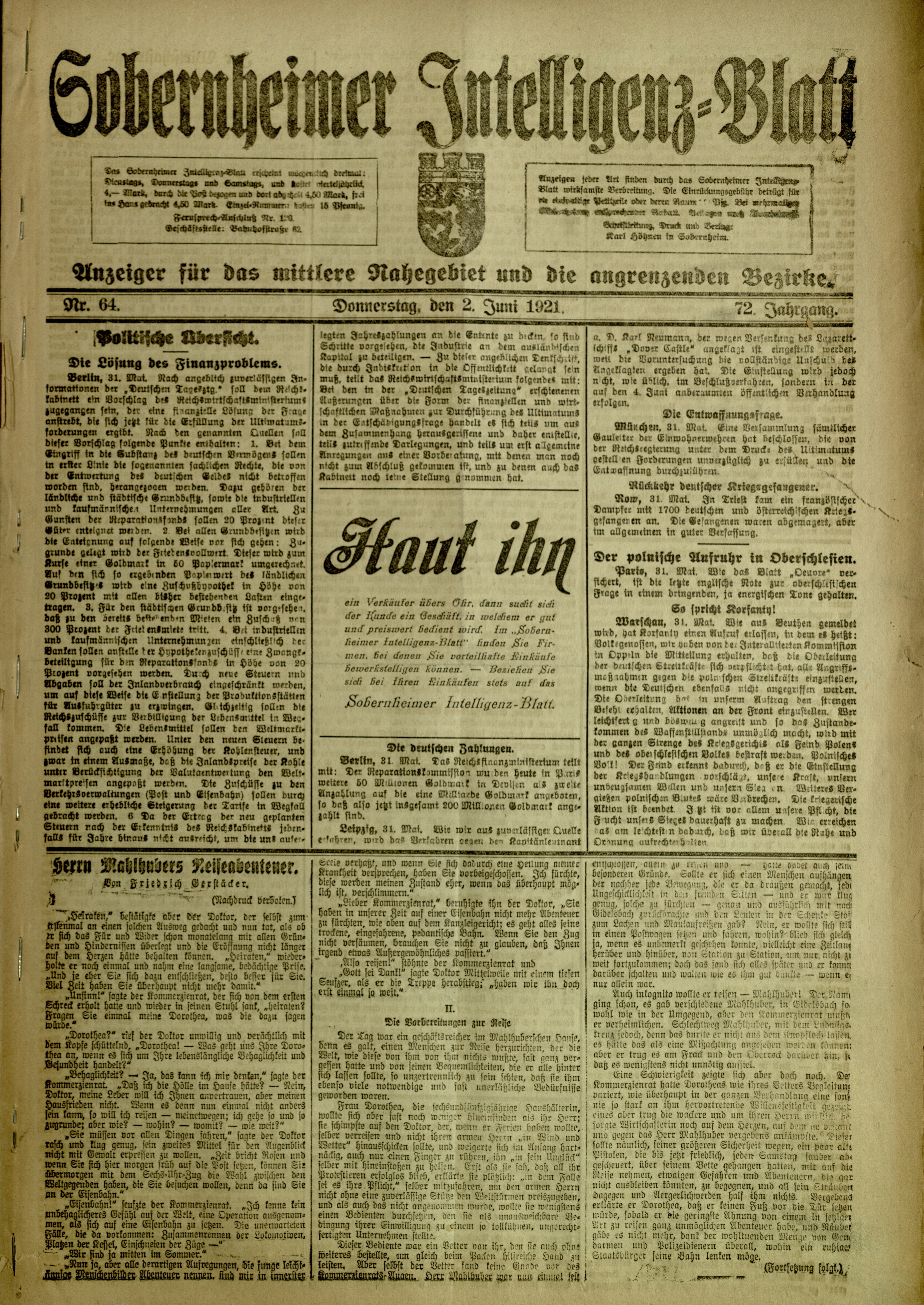 Zeitung: Sobernheimer Intelligenzblatt; Juni 1921, Jg. 72 Nr. 64 (Heimatmuseum Bad Sobernheim CC BY-NC-SA)