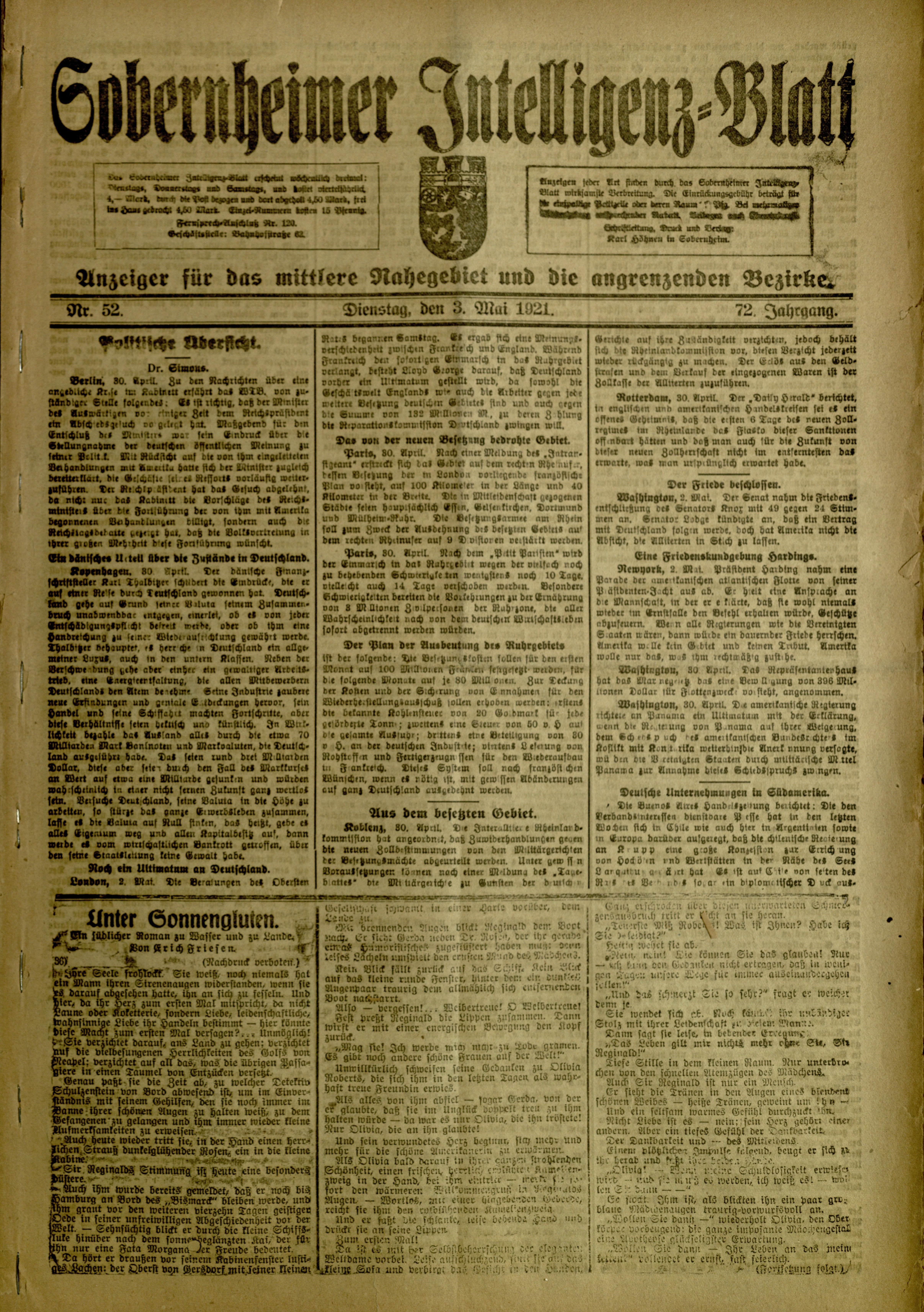 Zeitung: Sobernheimer Intelligenzblatt; Mai 1921, Jg. 72 Nr. 52 (Heimatmuseum Bad Sobernheim CC BY-NC-SA)