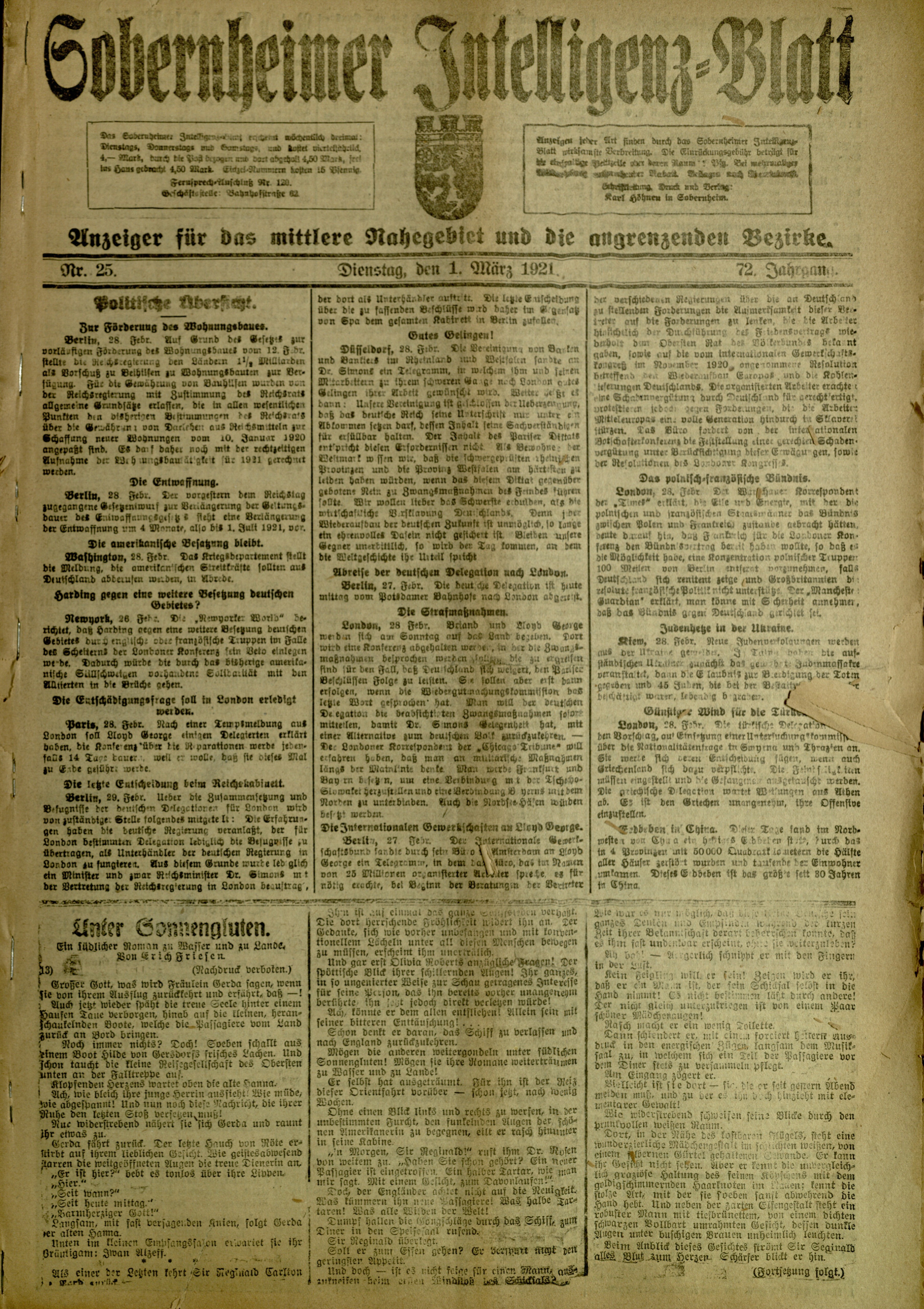 Zeitung: Sobernheimer Intelligenzblatt; März 1921, Jg. 72 Nr. 25 (Heimatmuseum Bad Sobernheim CC BY-NC-SA)