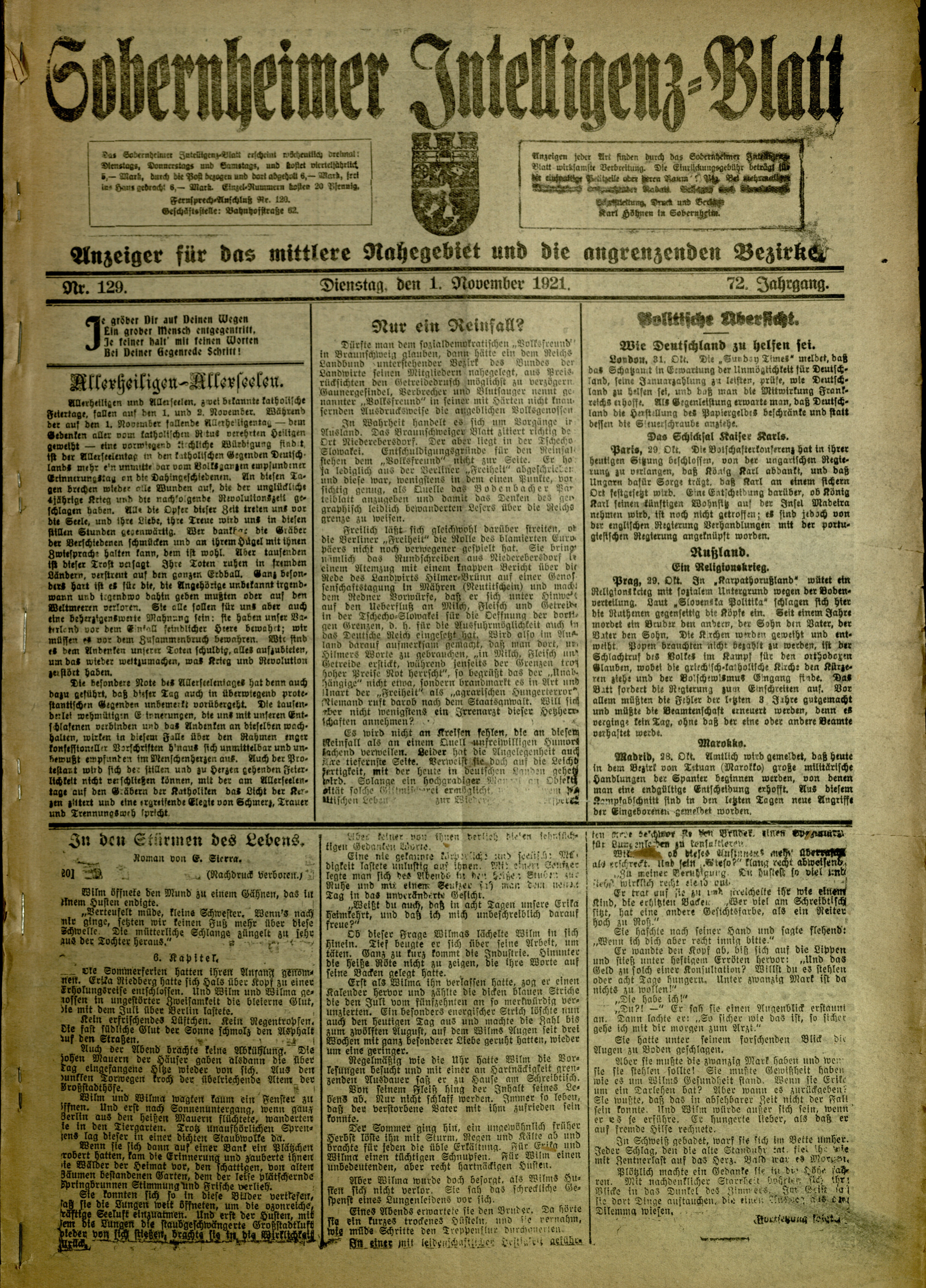 Zeitung: Sobernheimer Intelligenzblatt; November 1921, Jg. 72 Nr. 129 (Heimatmuseum Bad Sobernheim CC BY-NC-SA)