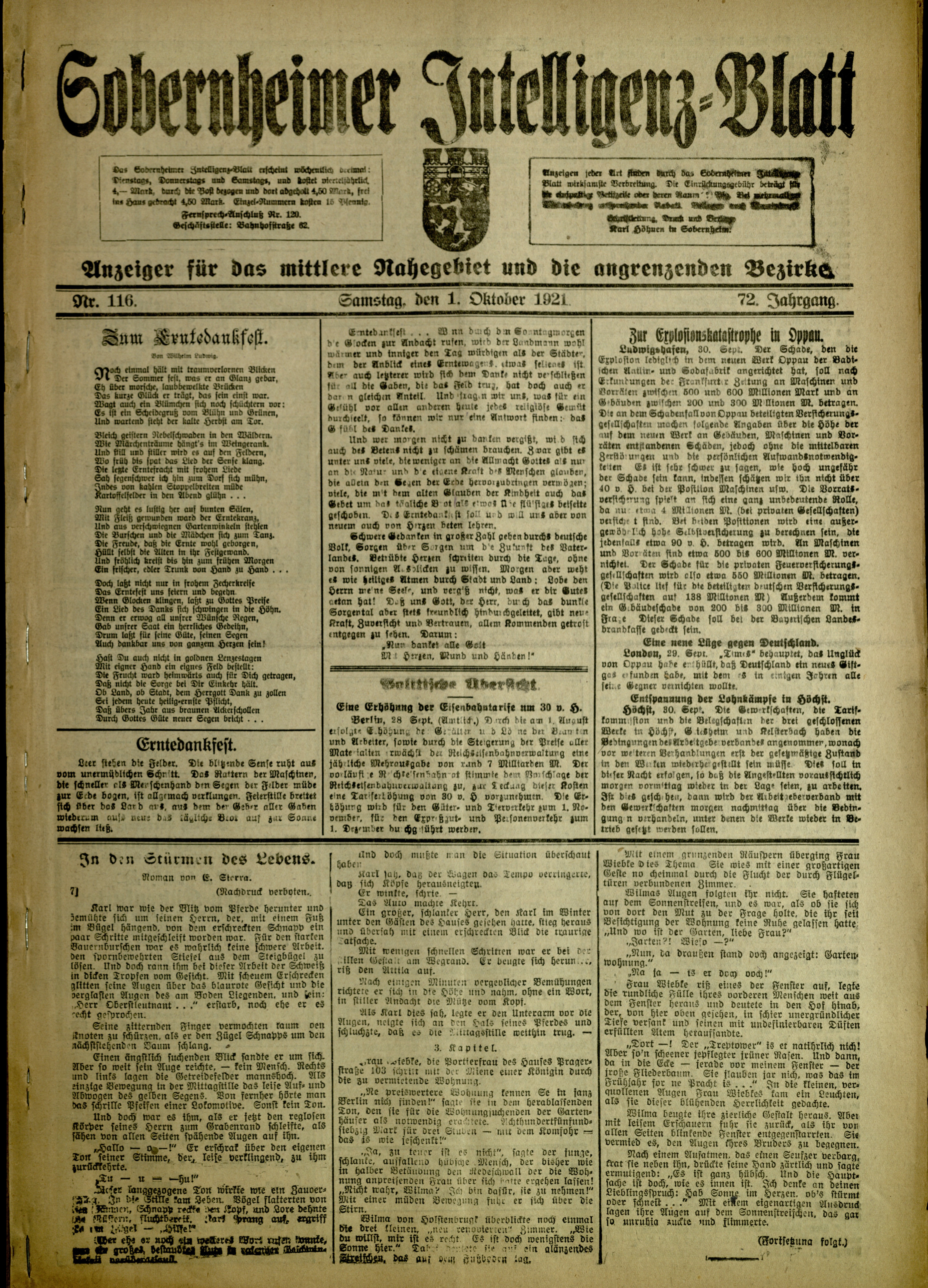 Zeitung: Sobernheimer Intelligenzblatt; Oktober 1921, Jg. 72 Nr. 116 (Heimatmuseum Bad Sobernheim CC BY-NC-SA)