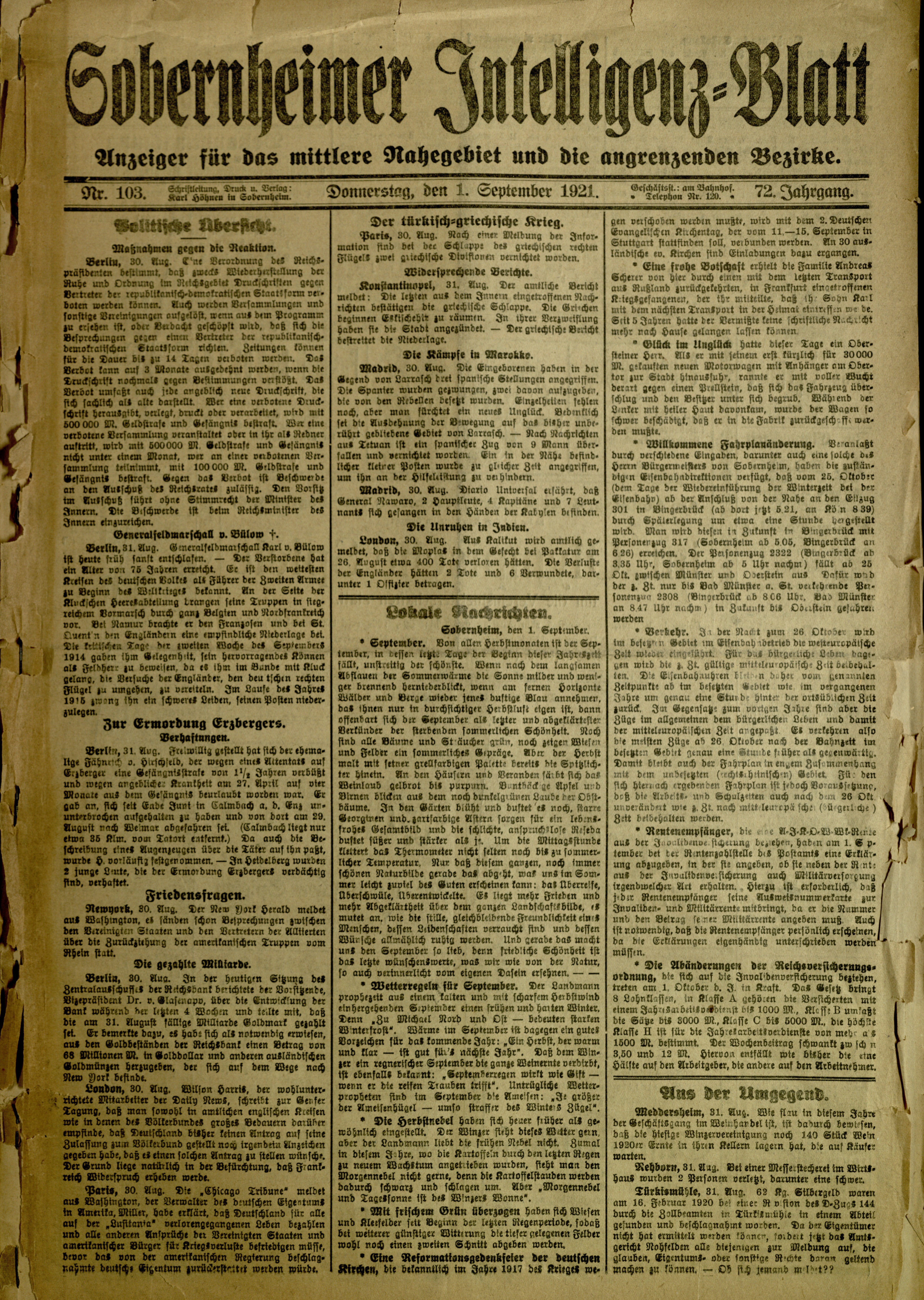 Zeitung: Sobernheimer Intelligenzblatt; September 1921, Jg. 72 Nr. 103 (Heimatmuseum Bad Sobernheim CC BY-NC-SA)