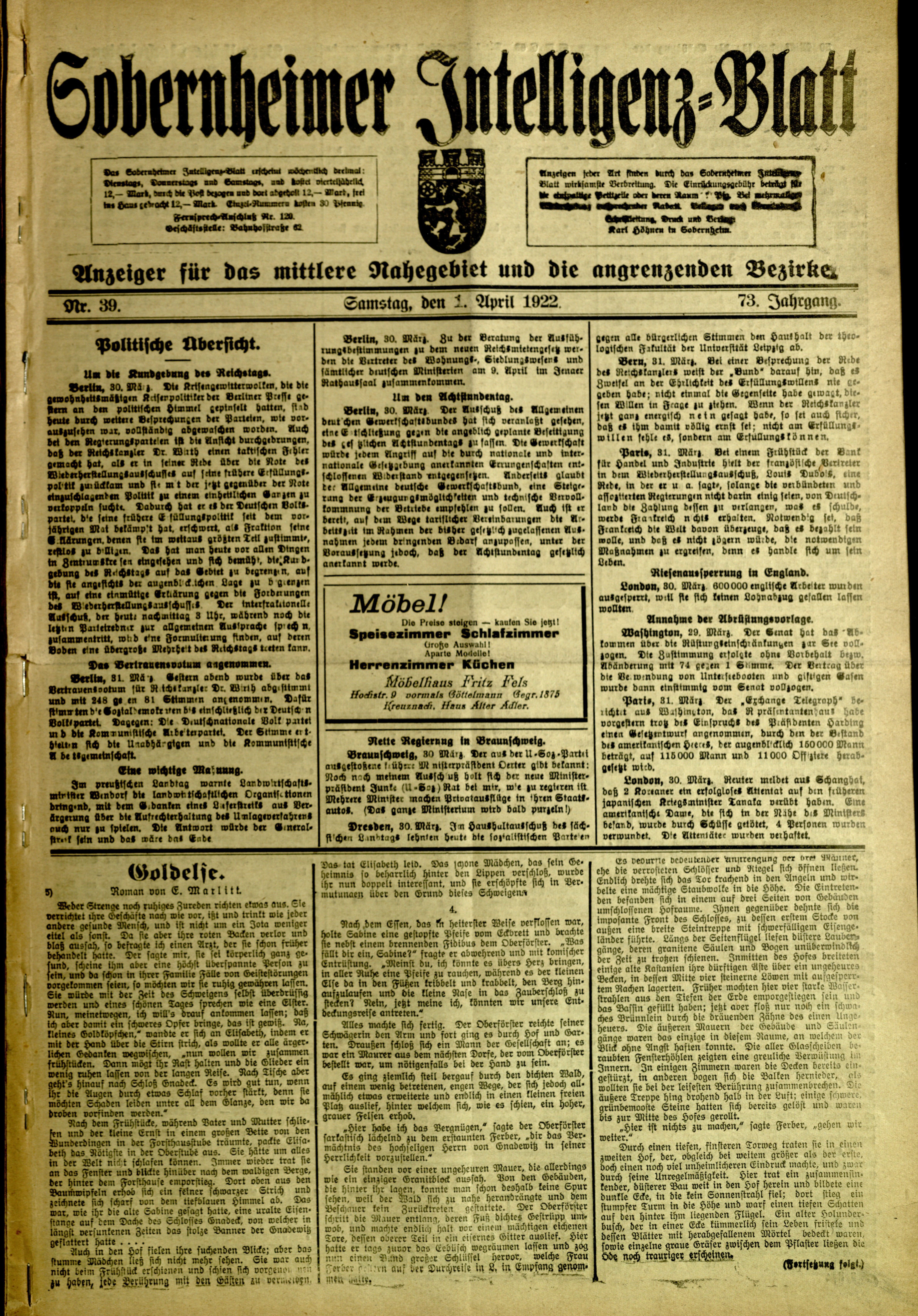 Zeitung: Sobernheimer Intelligenzblatt; April 1922, Jg. 73 Nr. 39 (Heimatmuseum Bad Sobernheim CC BY-NC-SA)