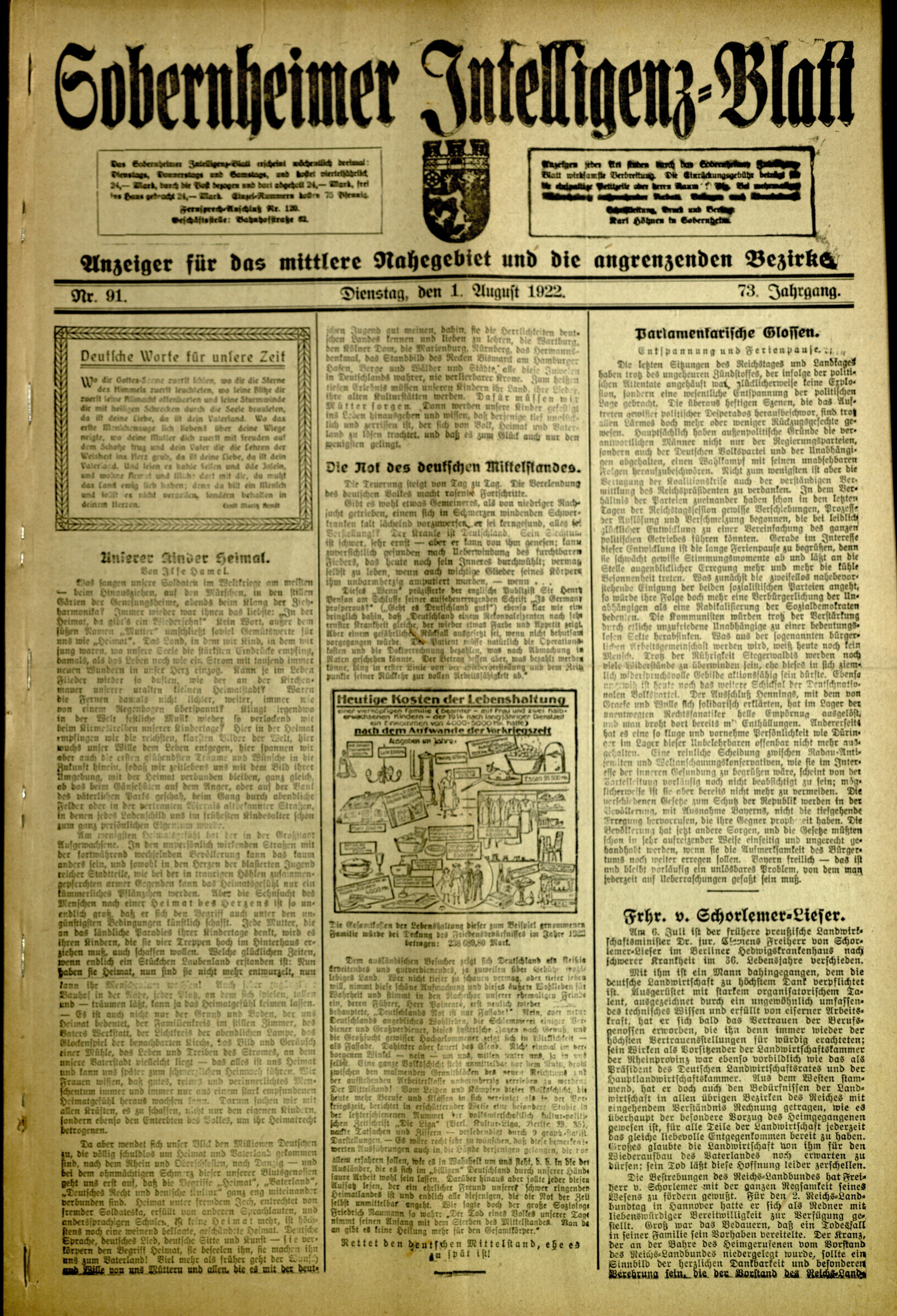 Zeitung: Sobernheimer Intelligenzblatt; August 1922, Jg. 73 Nr. 92 (Heimatmuseum Bad Sobernheim CC BY-NC-SA)