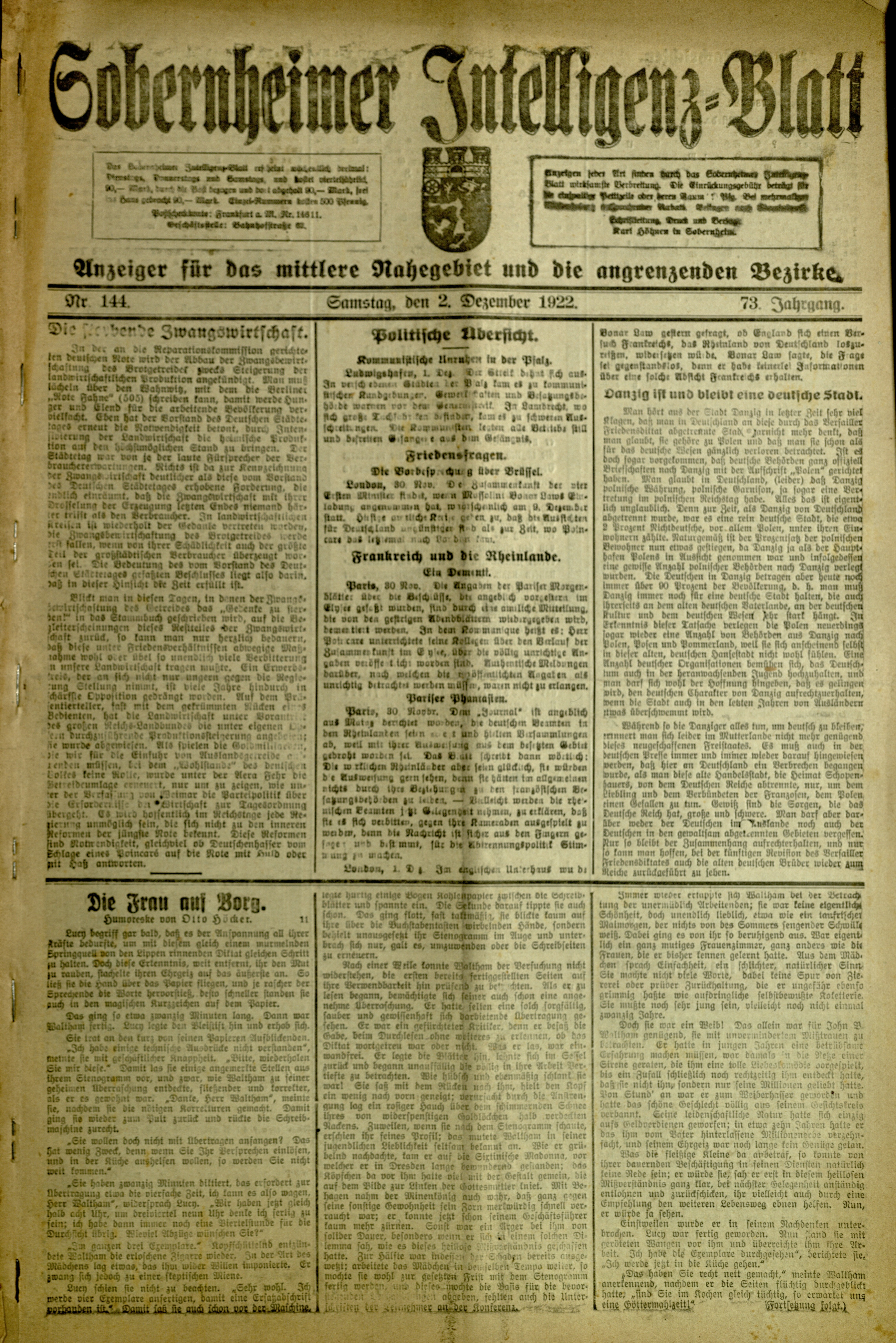 Zeitung: Sobernheimer Intelligenzblatt; Dezember 1922, Jg. 73 Nr. 144 (Heimatmuseum Bad Sobernheim CC BY-NC-SA)