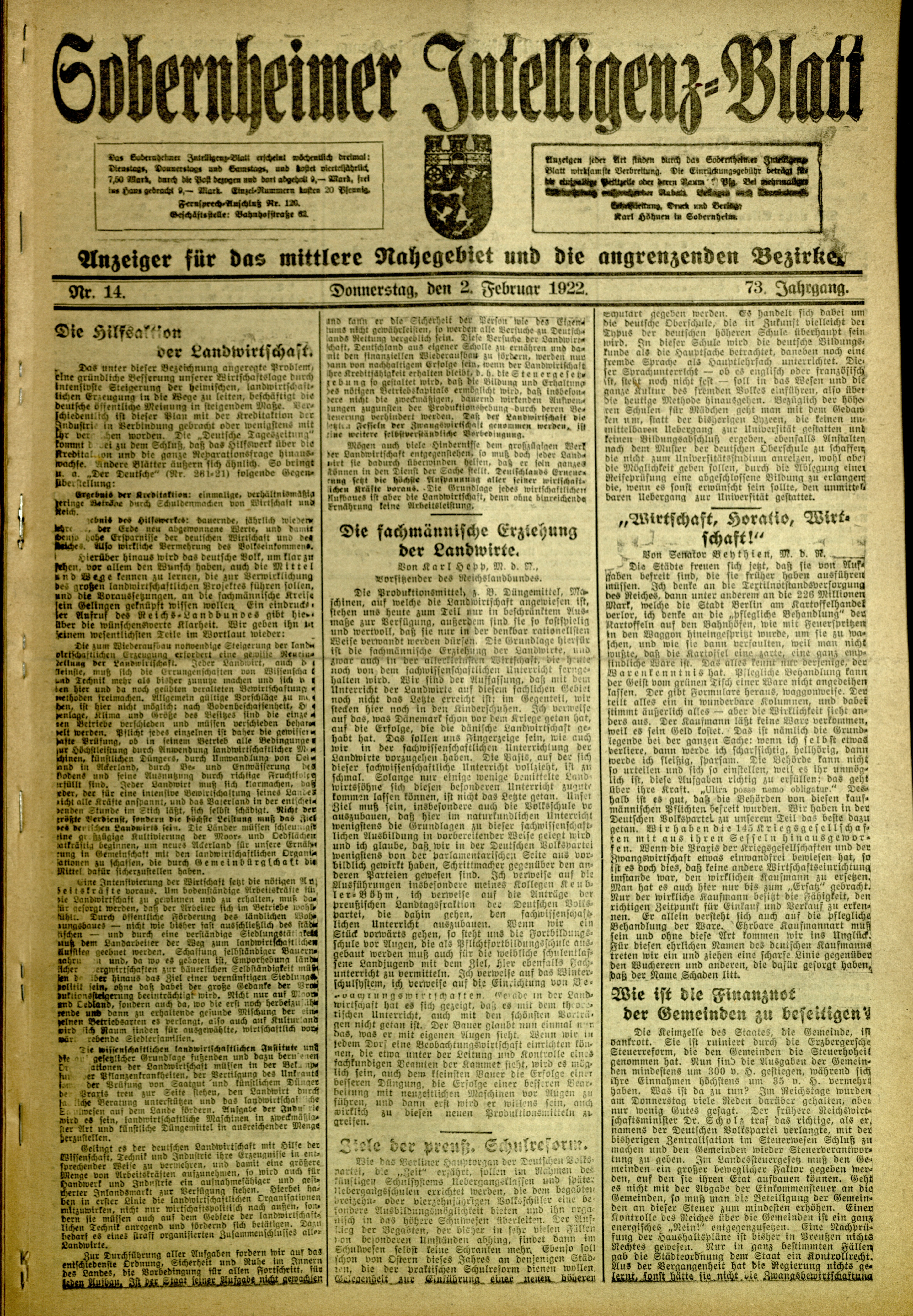 Zeitung: Sobernheimer Intelligenzblatt; Februar 1922, Jg. 73 Nr. 14 (Heimatmuseum Bad Sobernheim CC BY-NC-SA)