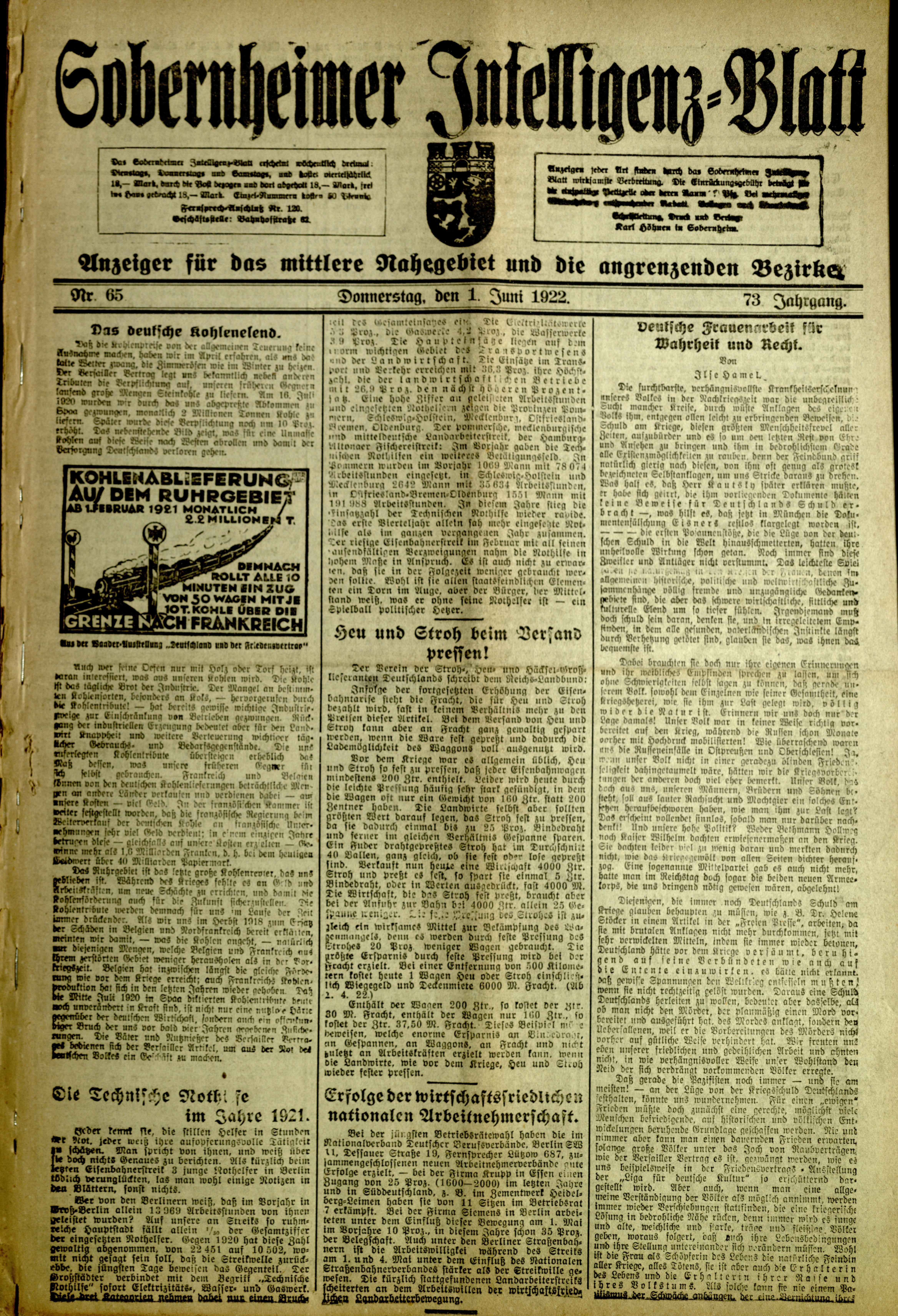 Zeitung: Sobernheimer Intelligenzblatt; Juni 1922, Jg. 73 Nr. 65 (Heimatmuseum Bad Sobernheim CC BY-NC-SA)