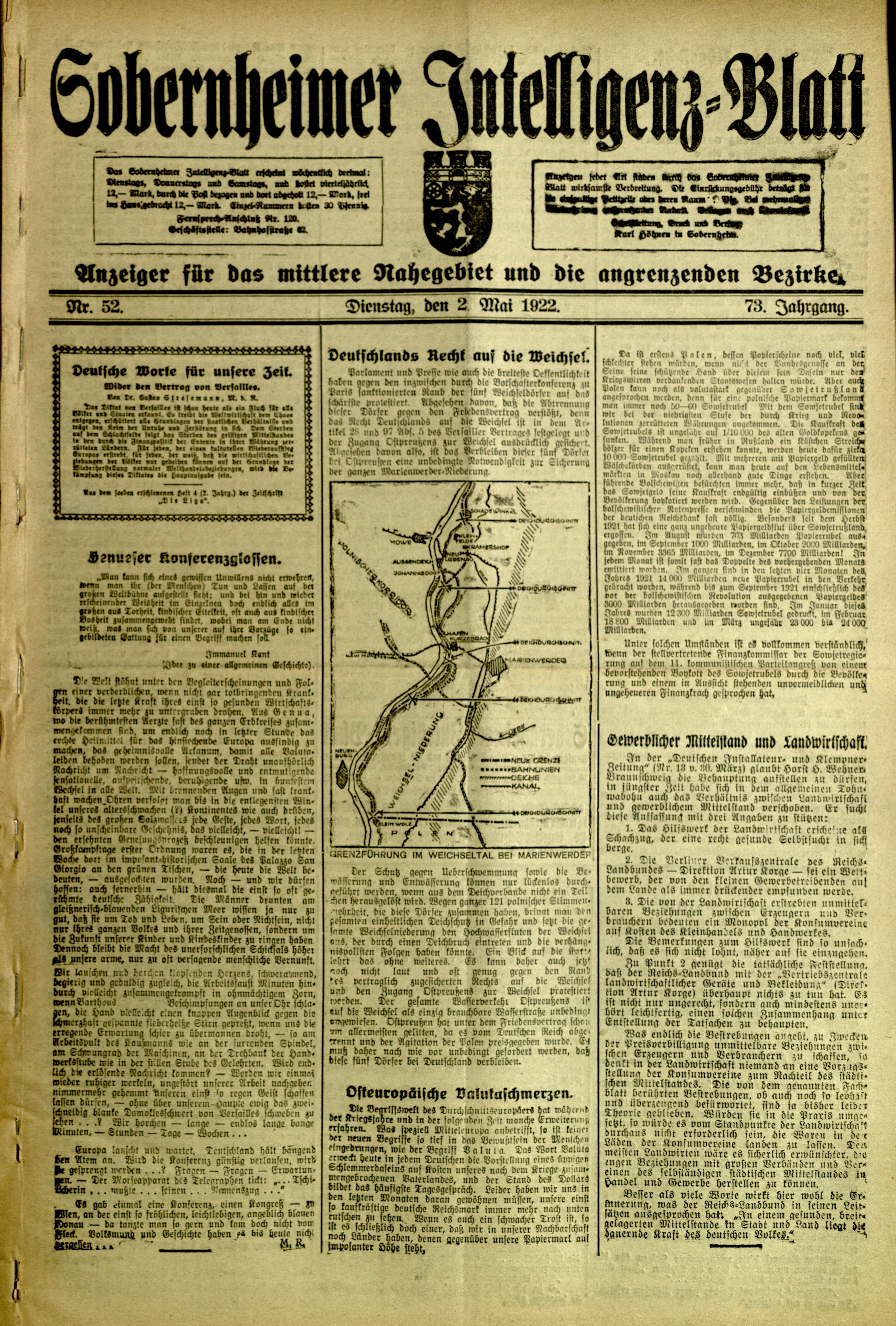 Zeitung: Sobernheimer Intelligenzblatt; Mai 1922, Jg. 73 Nr. 52 (Heimatmuseum Bad Sobernheim CC BY-NC-SA)