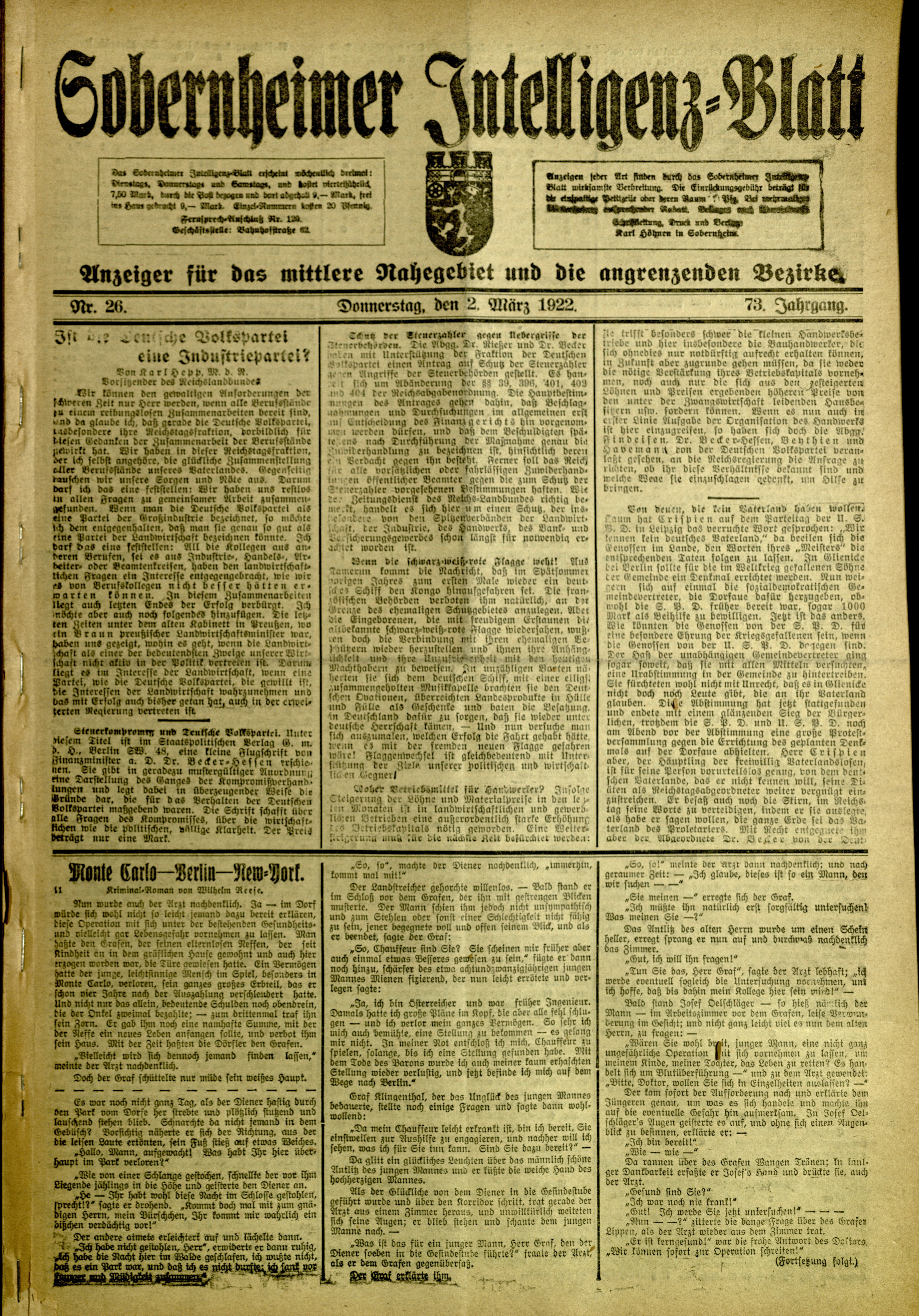 Zeitung: Sobernheimer Intelligenzblatt; März 1922, Jg. 73 Nr. 26 (Heimatmuseum Bad Sobernheim CC BY-NC-SA)