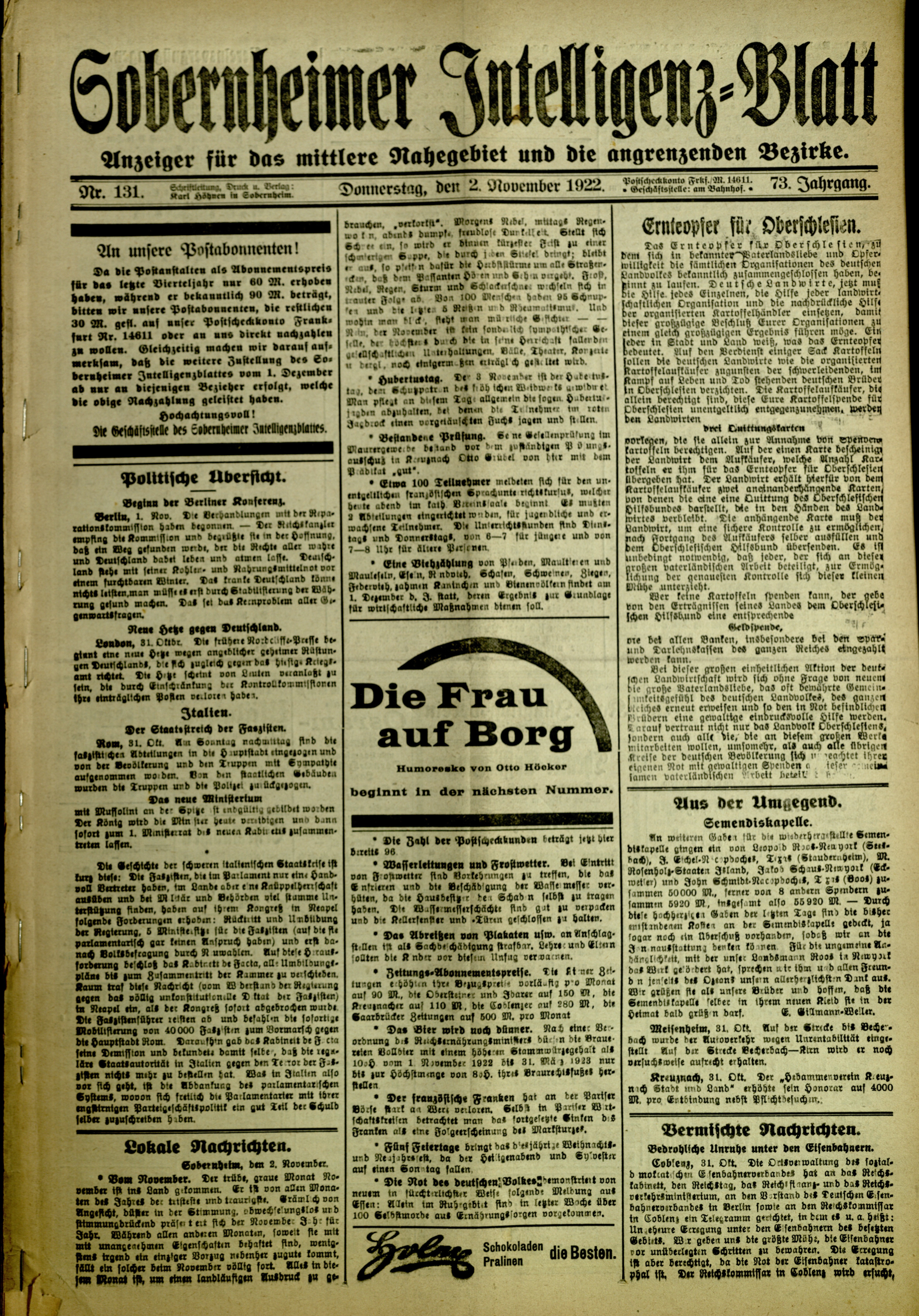 Zeitung: Sobernheimer Intelligenzblatt; November 1922, Jg. 73 Nr. 131 (Heimatmuseum Bad Sobernheim CC BY-NC-SA)