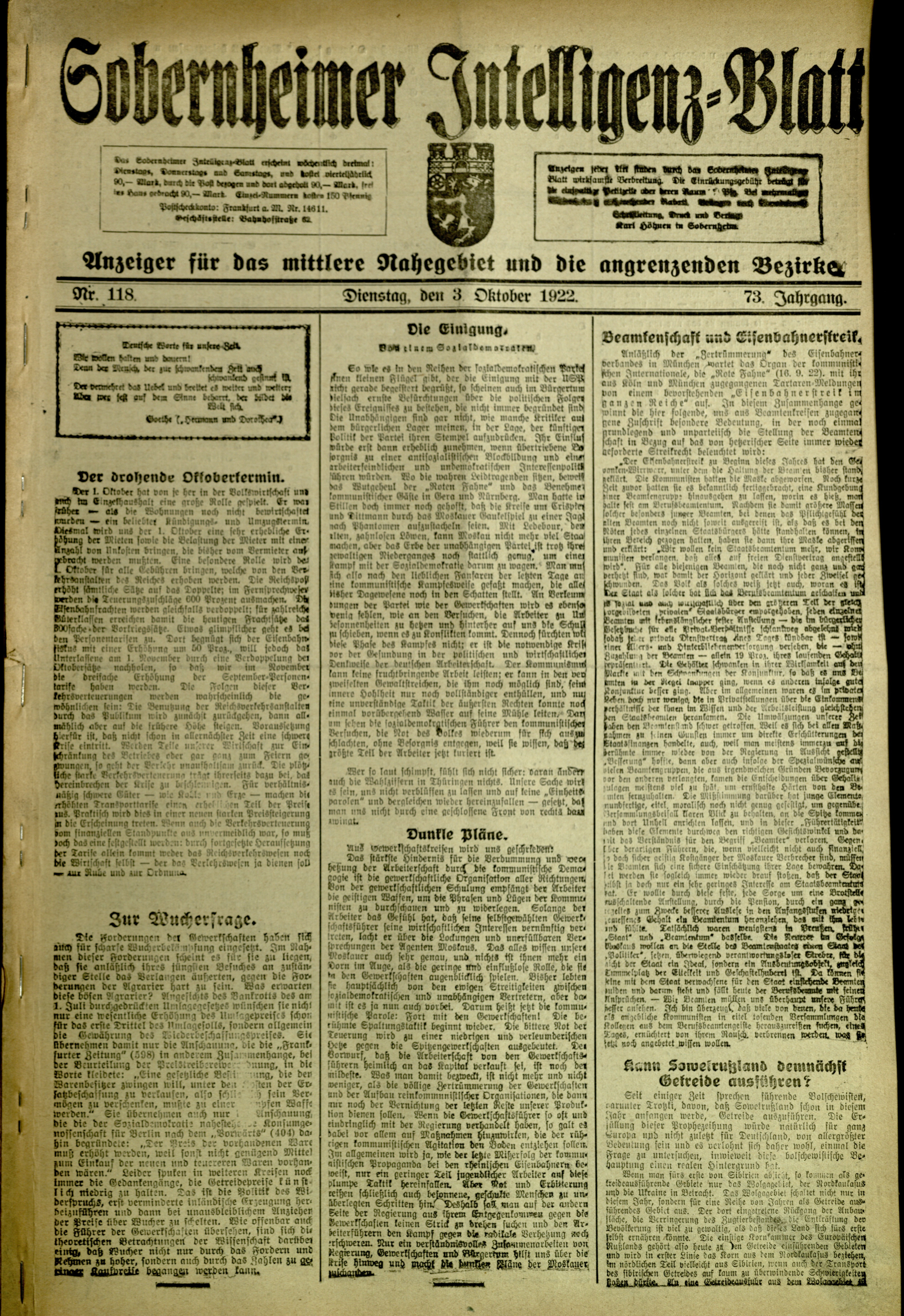 Zeitung: Sobernheimer Intelligenzblatt; Oktober 1922, Jg. 73 Nr. 118 (Heimatmuseum Bad Sobernheim CC BY-NC-SA)