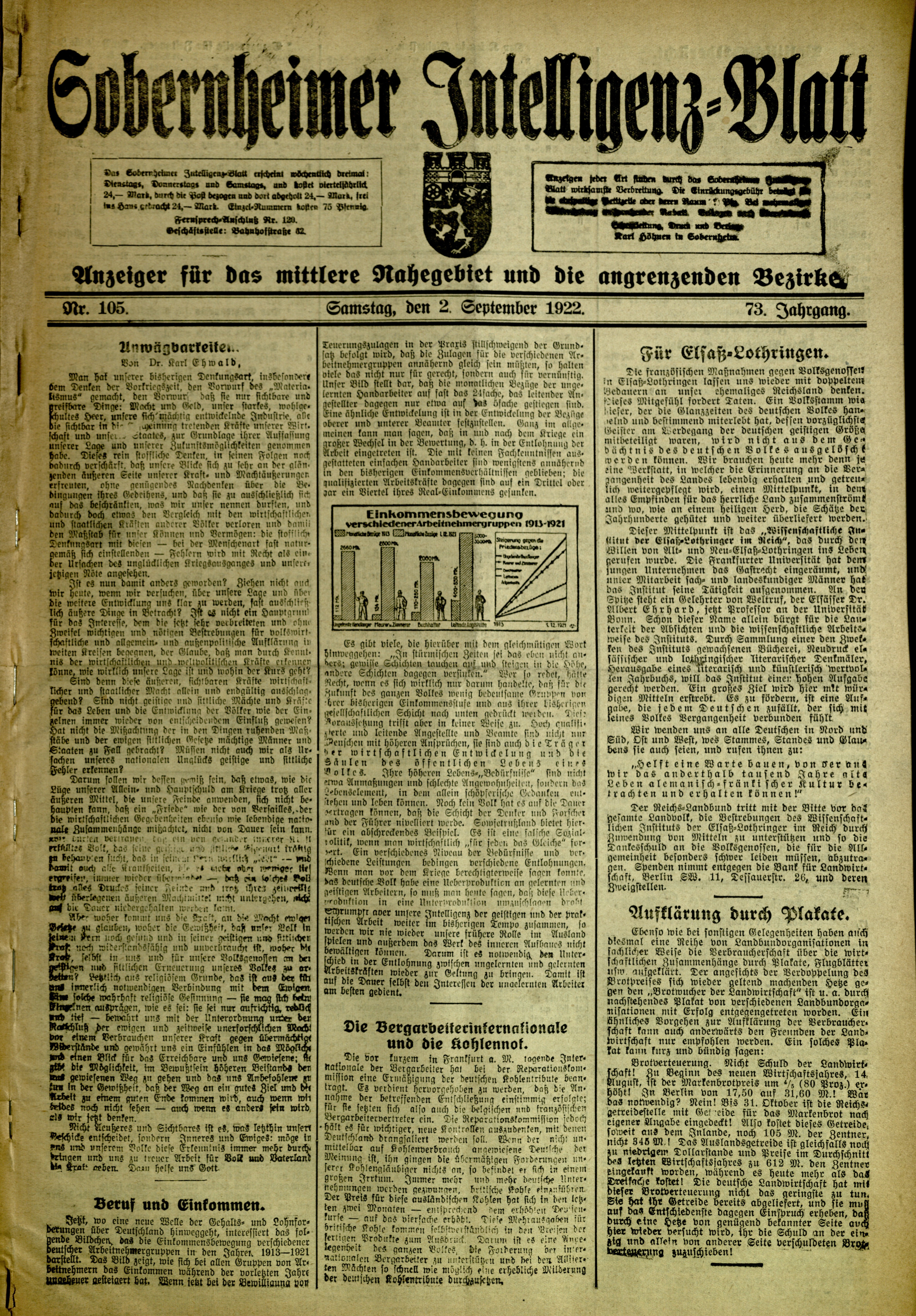 Zeitung: Sobernheimer Intelligenzblatt; September 1922, Jg. 73 Nr. 105 (Heimatmuseum Bad Sobernheim CC BY-NC-SA)