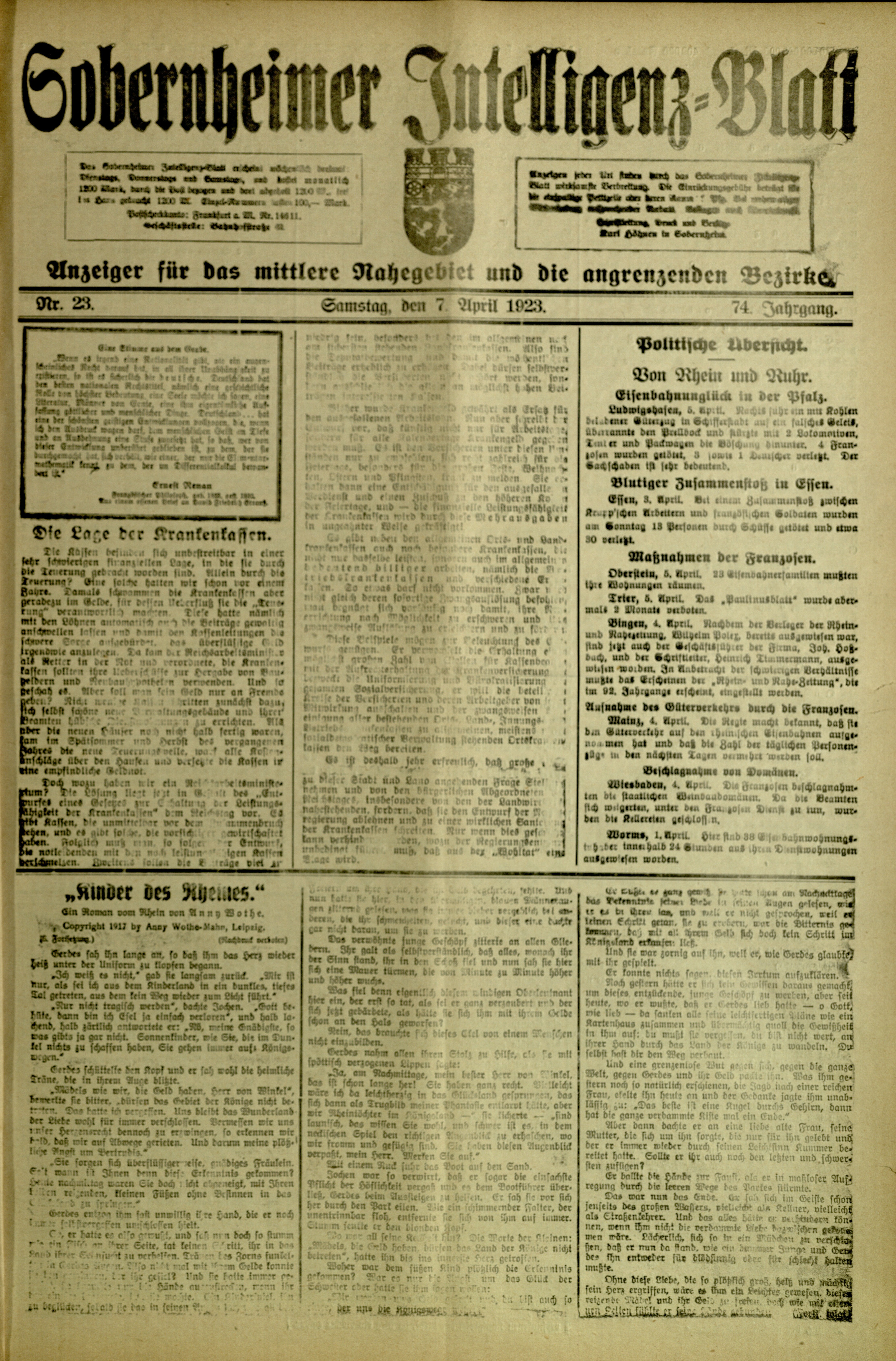 Zeitung: Sobernheimer Intelligenzblatt; April 1923, Jg. 73 Nr. 23 (Heimatmuseum Bad Sobernheim CC BY-NC-SA)