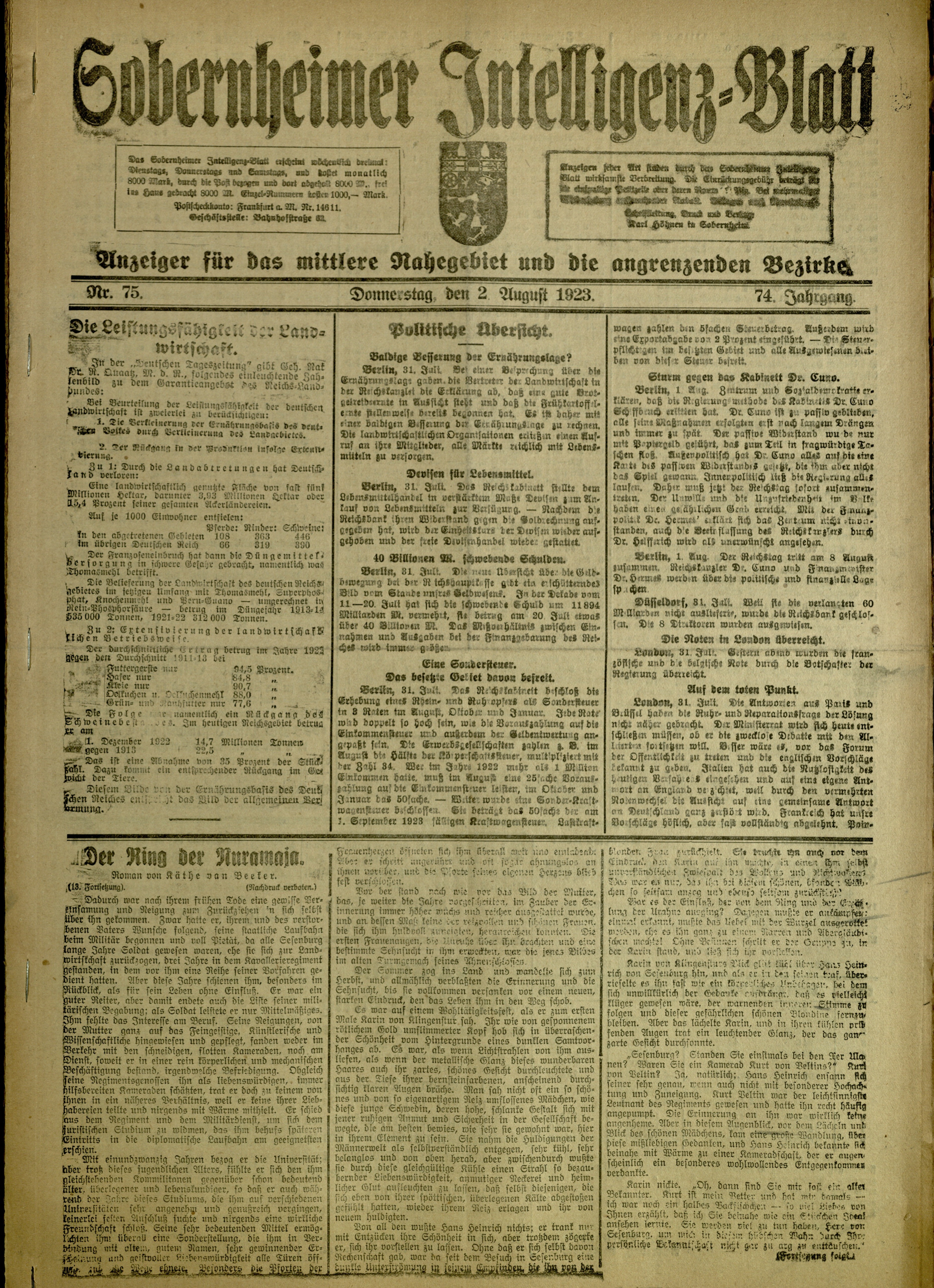Zeitung: Sobernheimer Intelligenzblatt; August 1923, Jg. 73 Nr. 75 (Heimatmuseum Bad Sobernheim CC BY-NC-SA)