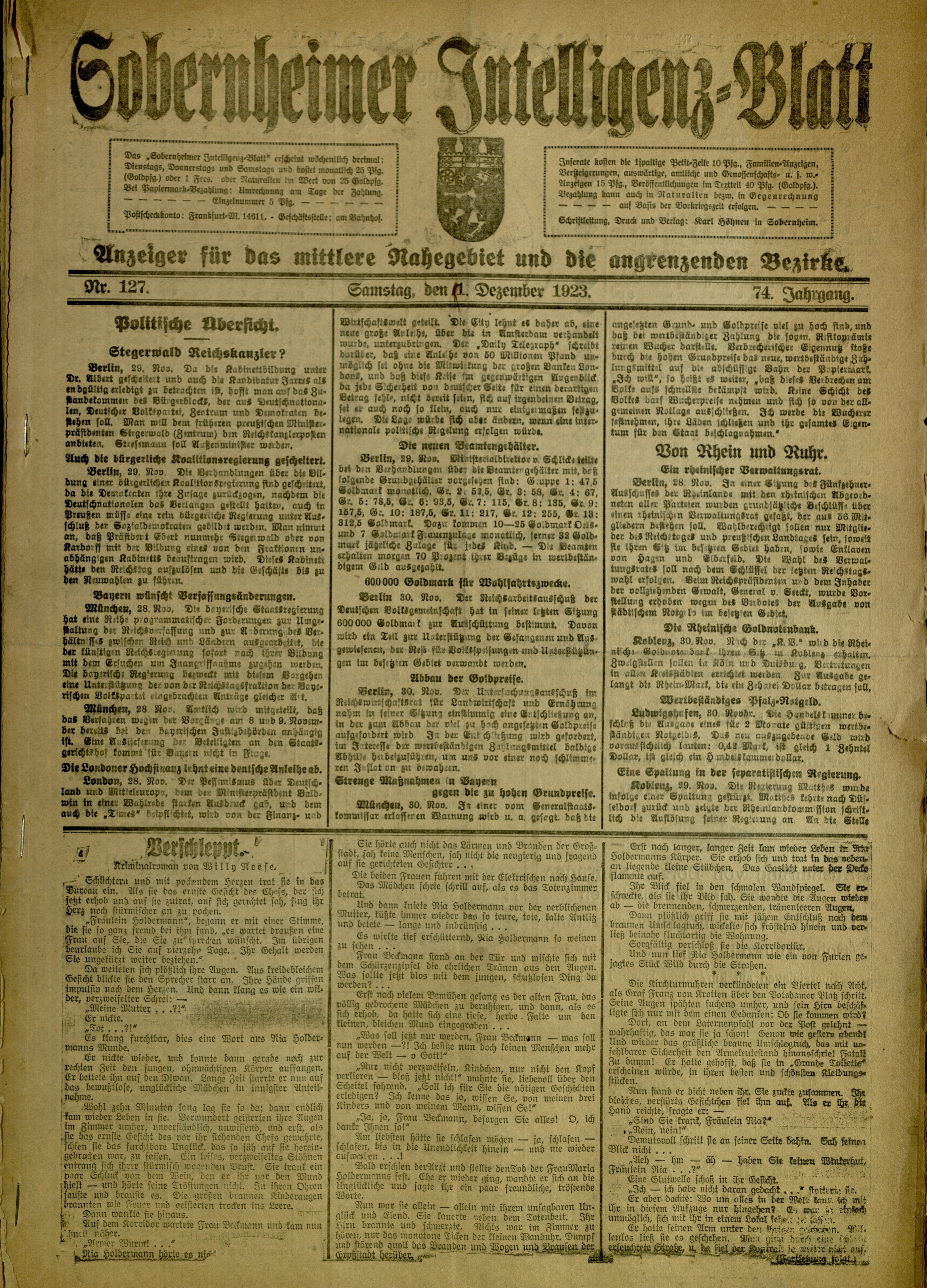 Zeitung: Sobernheimer Intelligenzblatt; Dezember 1923, Jg. 73 Nr. 127 (Heimatmuseum Bad Sobernheim CC BY-NC-SA)