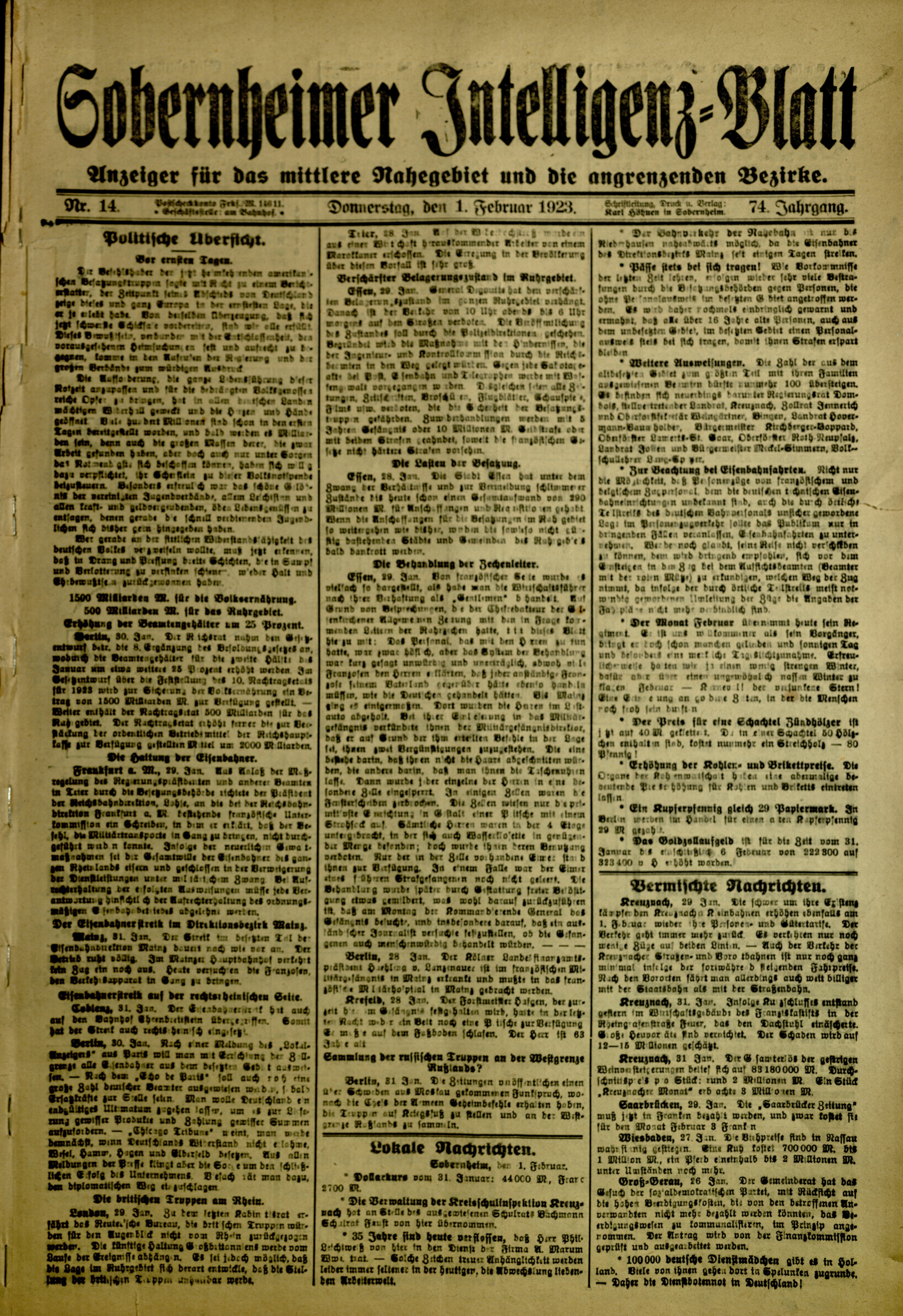 Zeitung: Sobernheimer Intelligenzblatt; Februar 1923, Jg. 73 Nr. 14 (Heimatmuseum Bad Sobernheim CC BY-NC-SA)