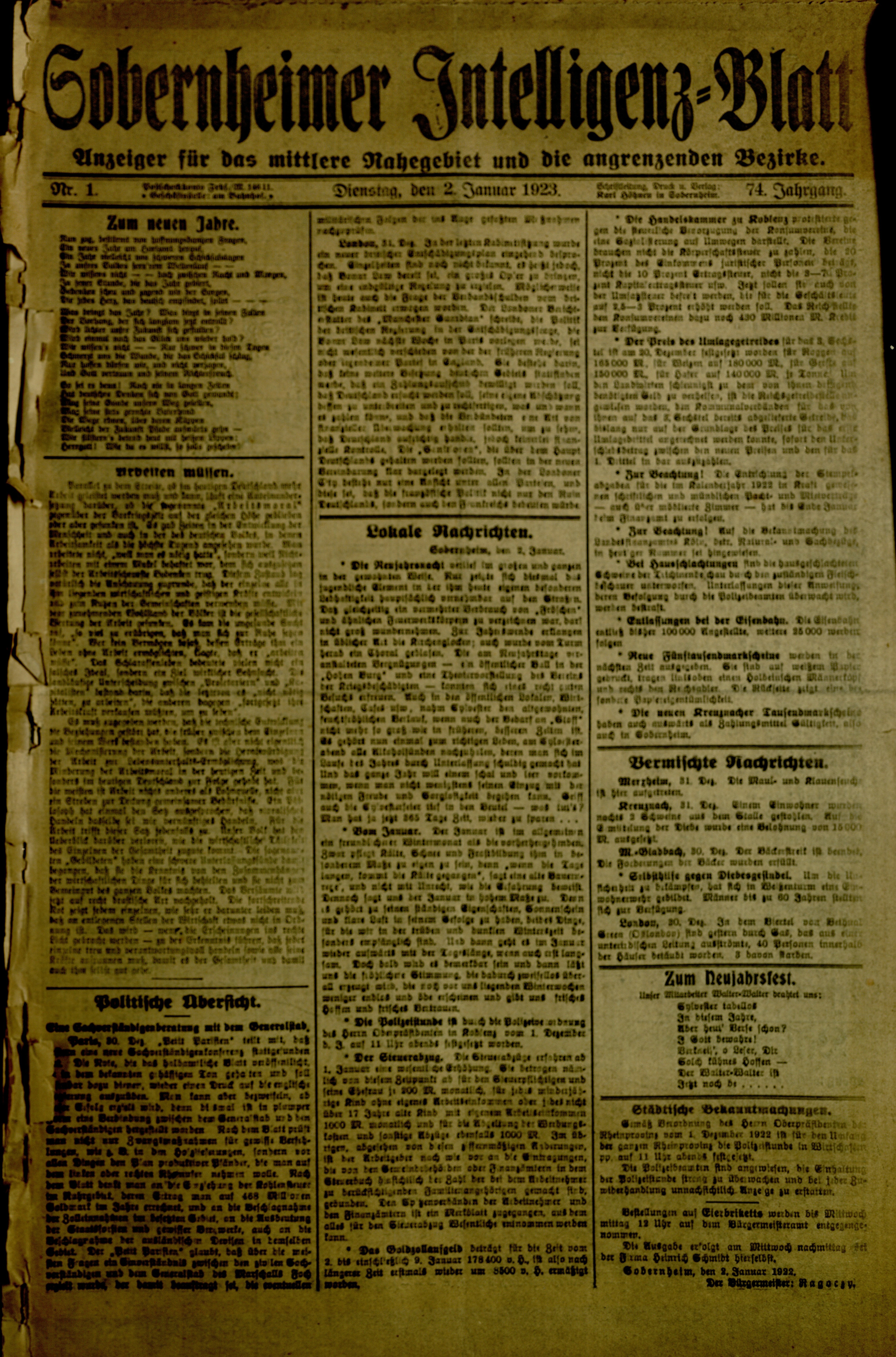 Zeitung: Sobernheimer Intelligenzblatt; Januar 1923, Jg. 73 Nr. 1 (Heimatmuseum Bad Sobernheim CC BY-NC-SA)