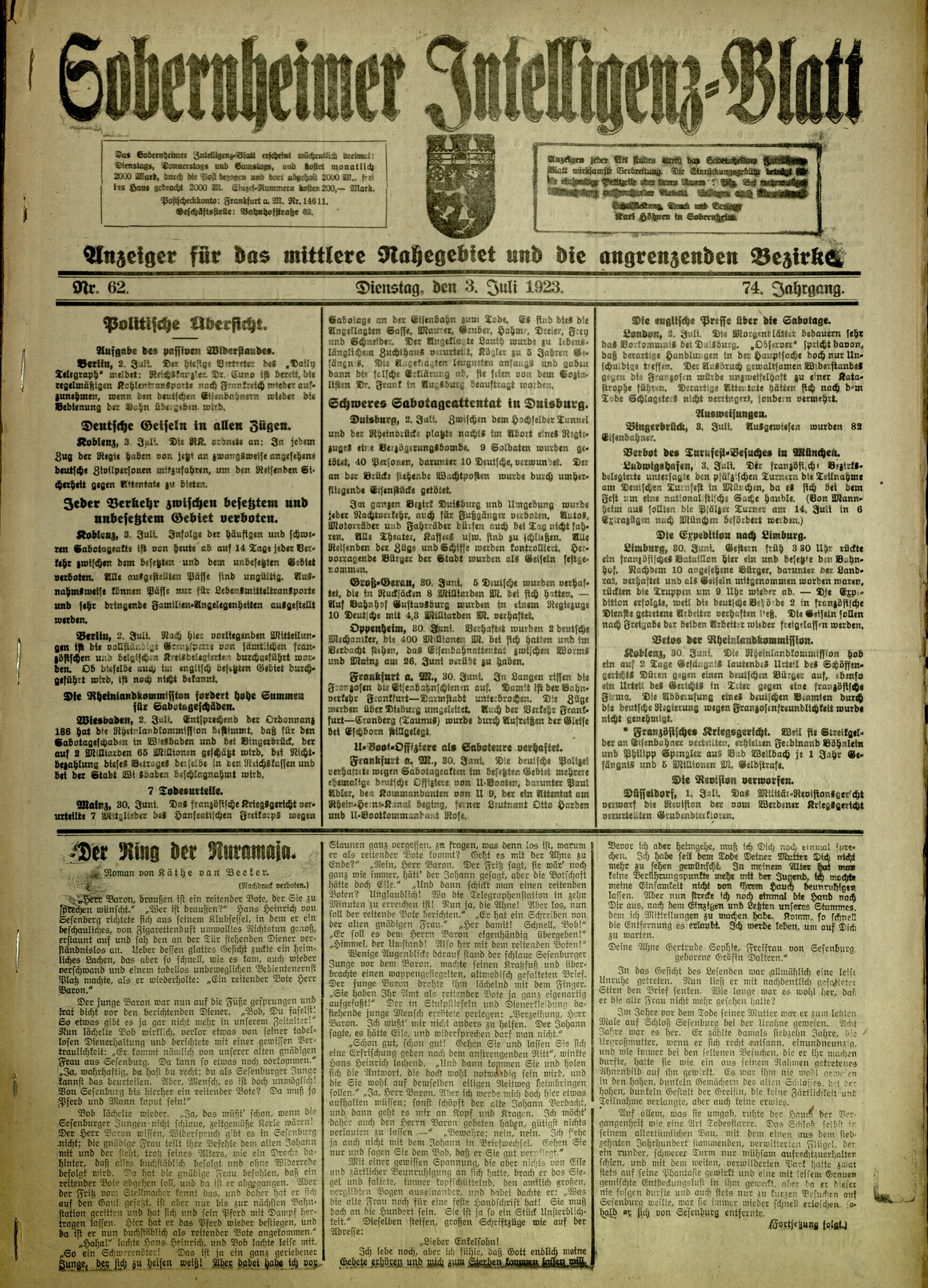 Zeitung: Sobernheimer Intelligenzblatt; Juli 1923, Jg. 73 Nr. 62 (Heimatmuseum Bad Sobernheim CC BY-NC-SA)