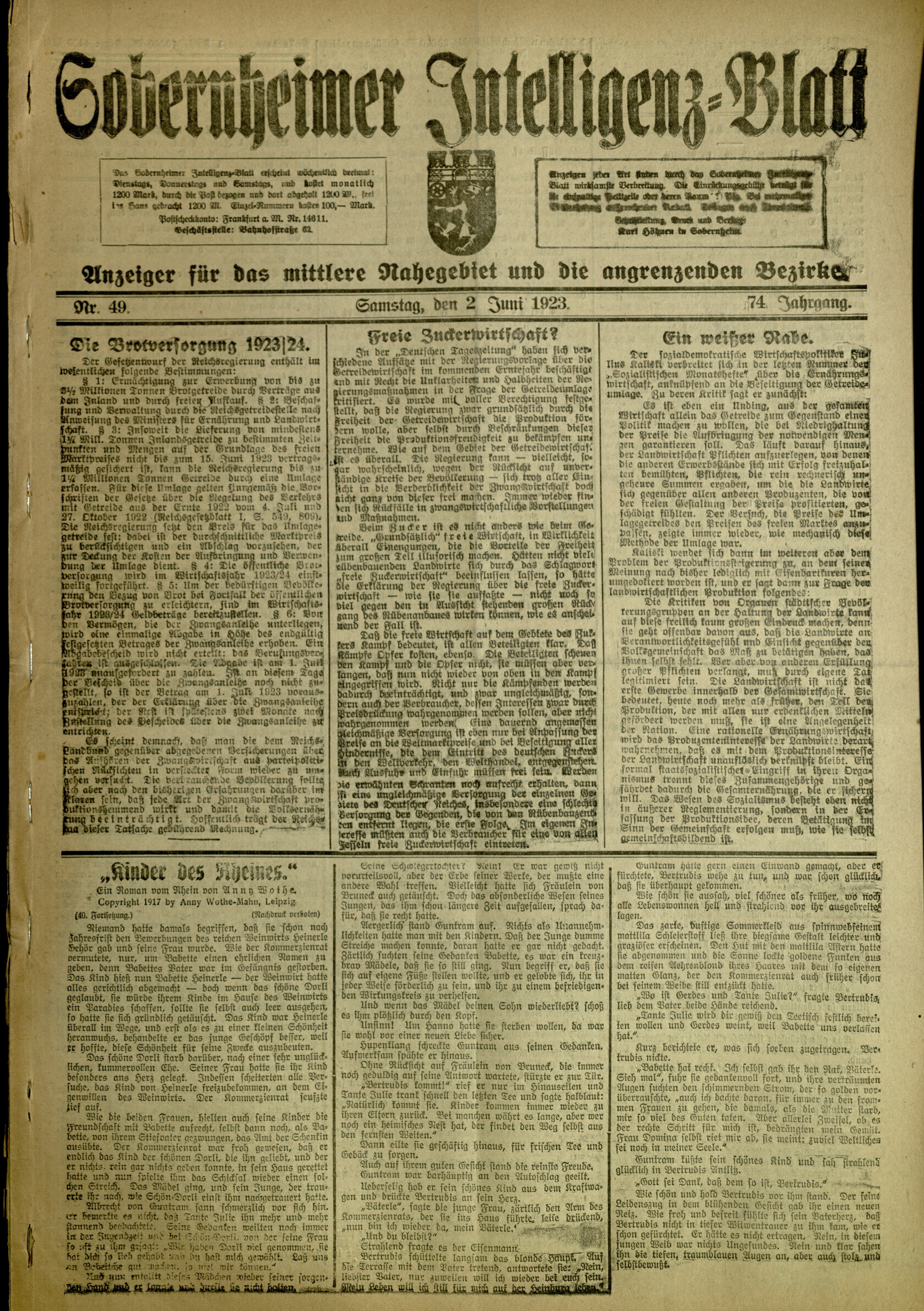 Zeitung: Sobernheimer Intelligenzblatt; Juni 1923, Jg. 73 Nr. 49 (Heimatmuseum Bad Sobernheim CC BY-NC-SA)