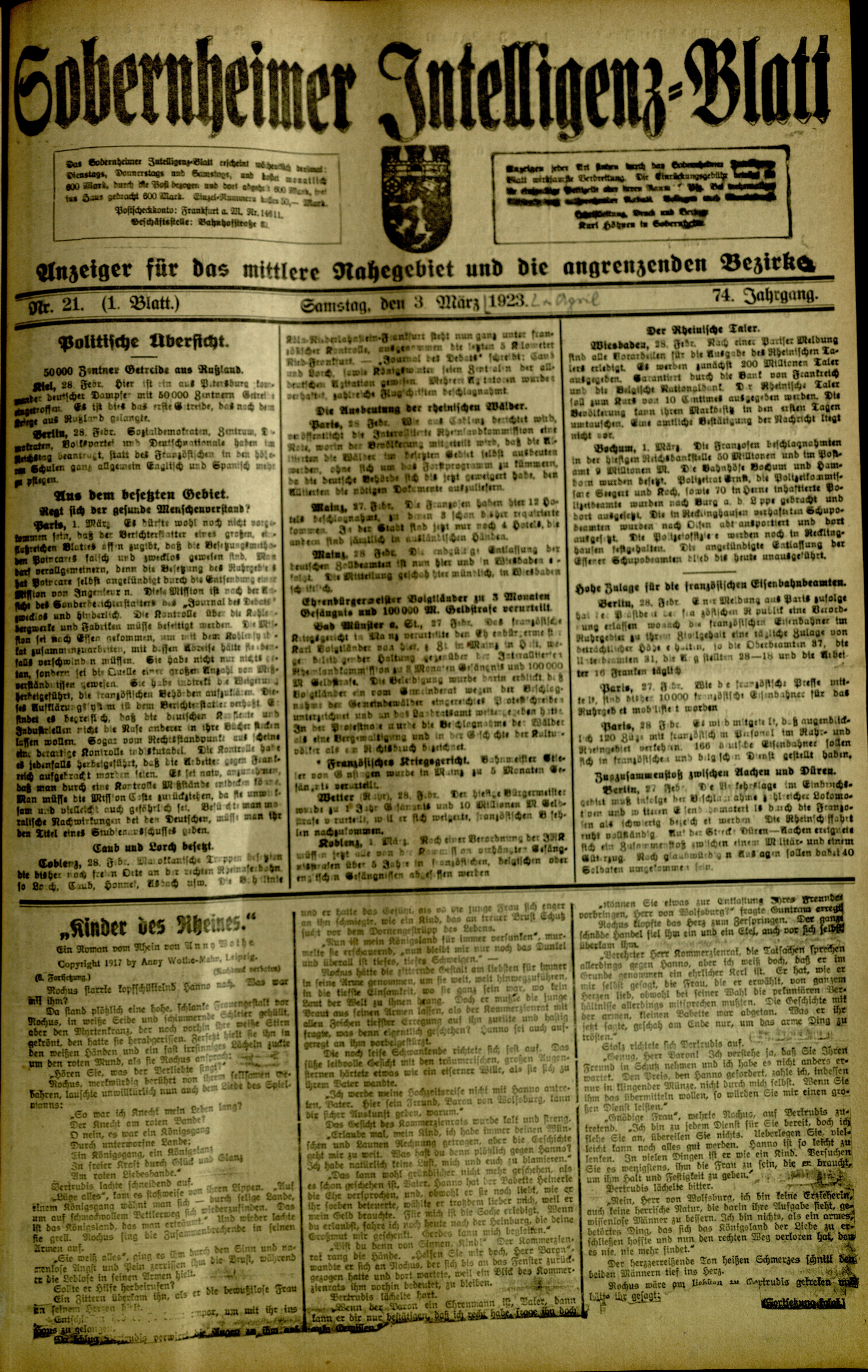 Zeitung: Sobernheimer Intelligenzblatt; März 1923, Jg. 73 Nr. 21 (Heimatmuseum Bad Sobernheim CC BY-NC-SA)