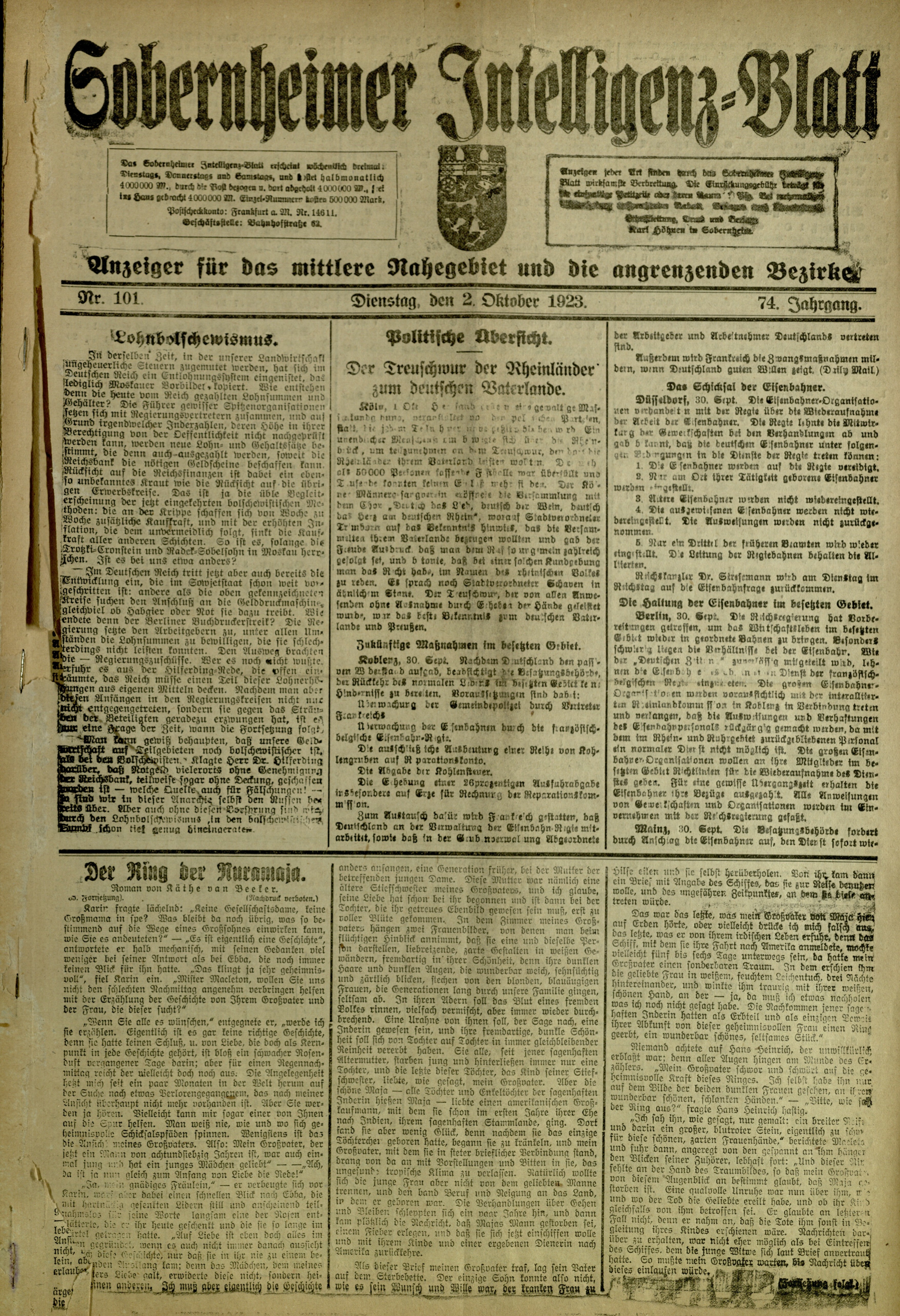 Zeitung: Sobernheimer Intelligenzblatt; Oktober 1923, Jg. 73 Nr. 101 (Heimatmuseum Bad Sobernheim CC BY-NC-SA)