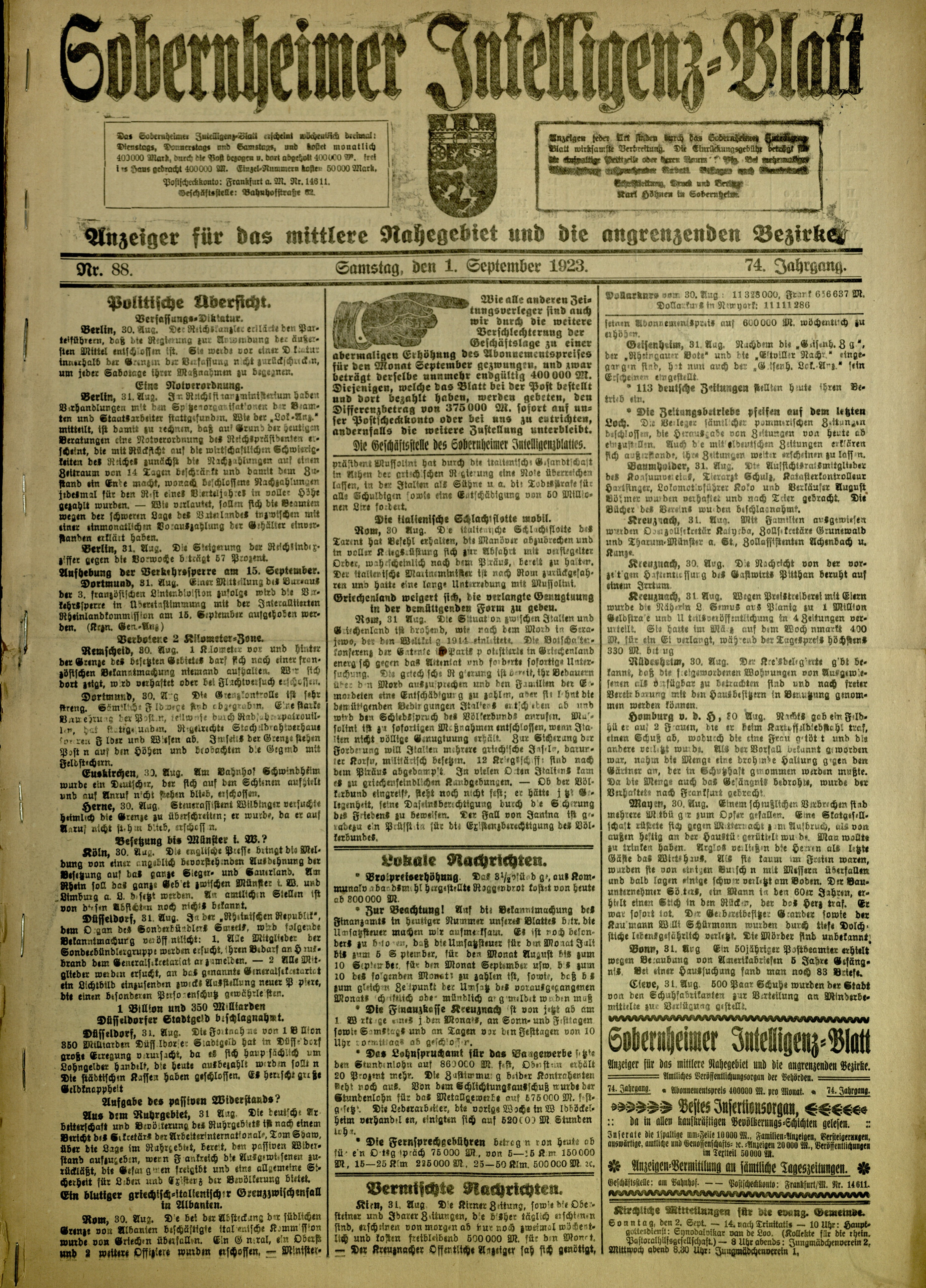 Zeitung: Sobernheimer Intelligenzblatt; September 1923, Jg. 73 Nr. 88 (Heimatmuseum Bad Sobernheim CC BY-NC-SA)