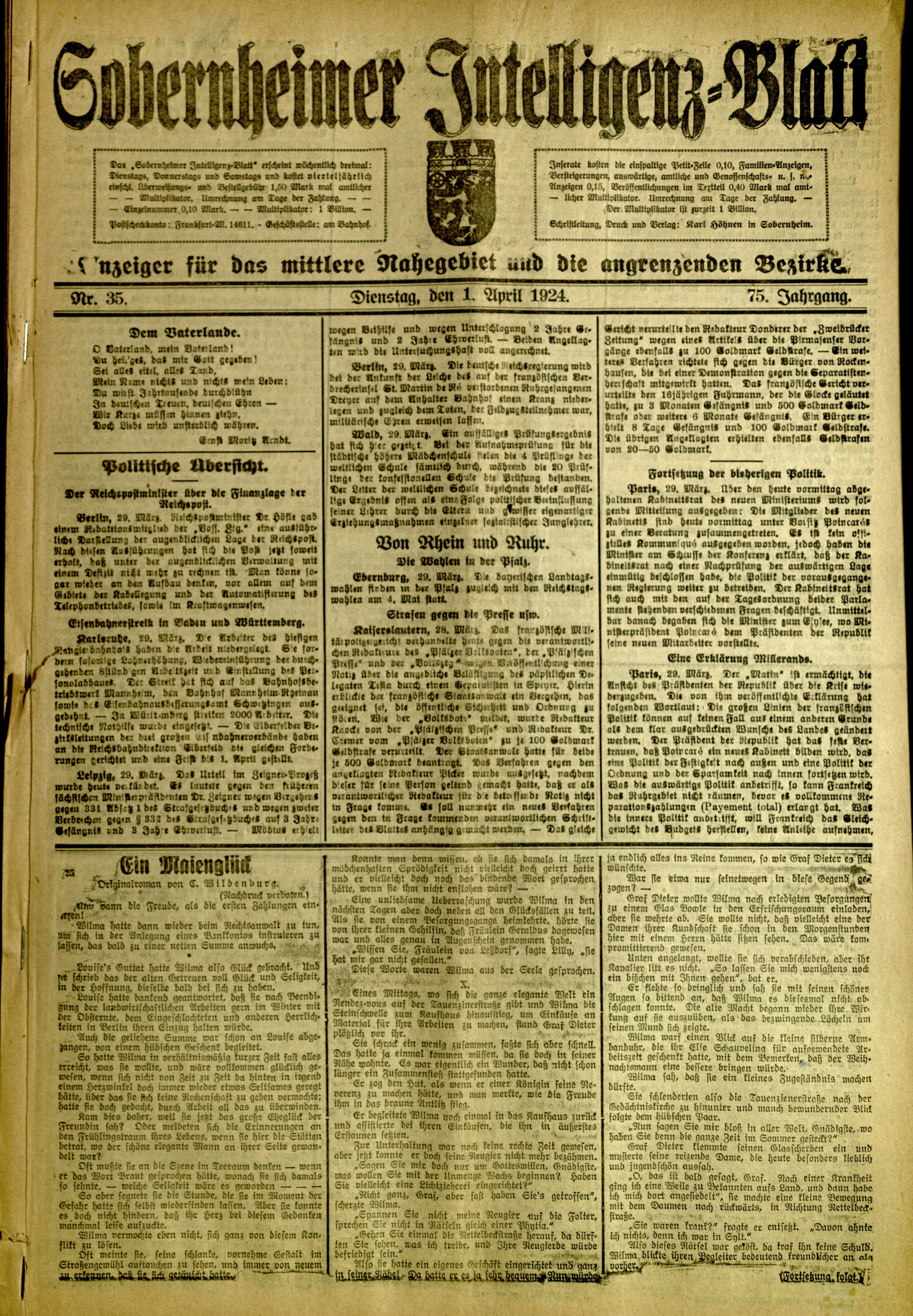 Zeitung: Sobernheimer Intelligenzblatt; April 1924, Jg. 73 Nr. 35 (Heimatmuseum Bad Sobernheim CC BY-NC-SA)