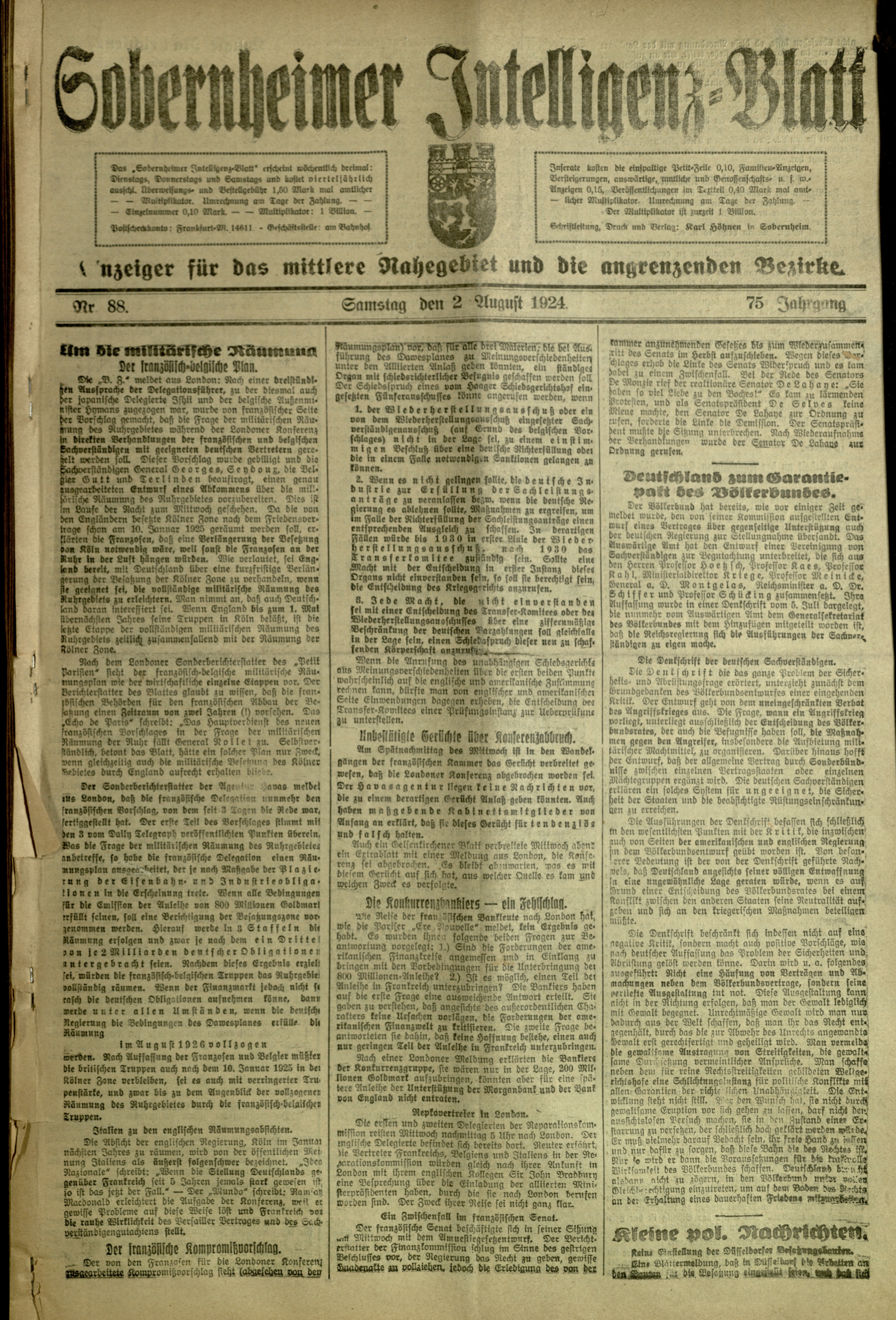 Zeitung: Sobernheimer Intelligenzblatt; August 1924, Jg. 73 Nr. 88 (Heimatmuseum Bad Sobernheim CC BY-NC-SA)