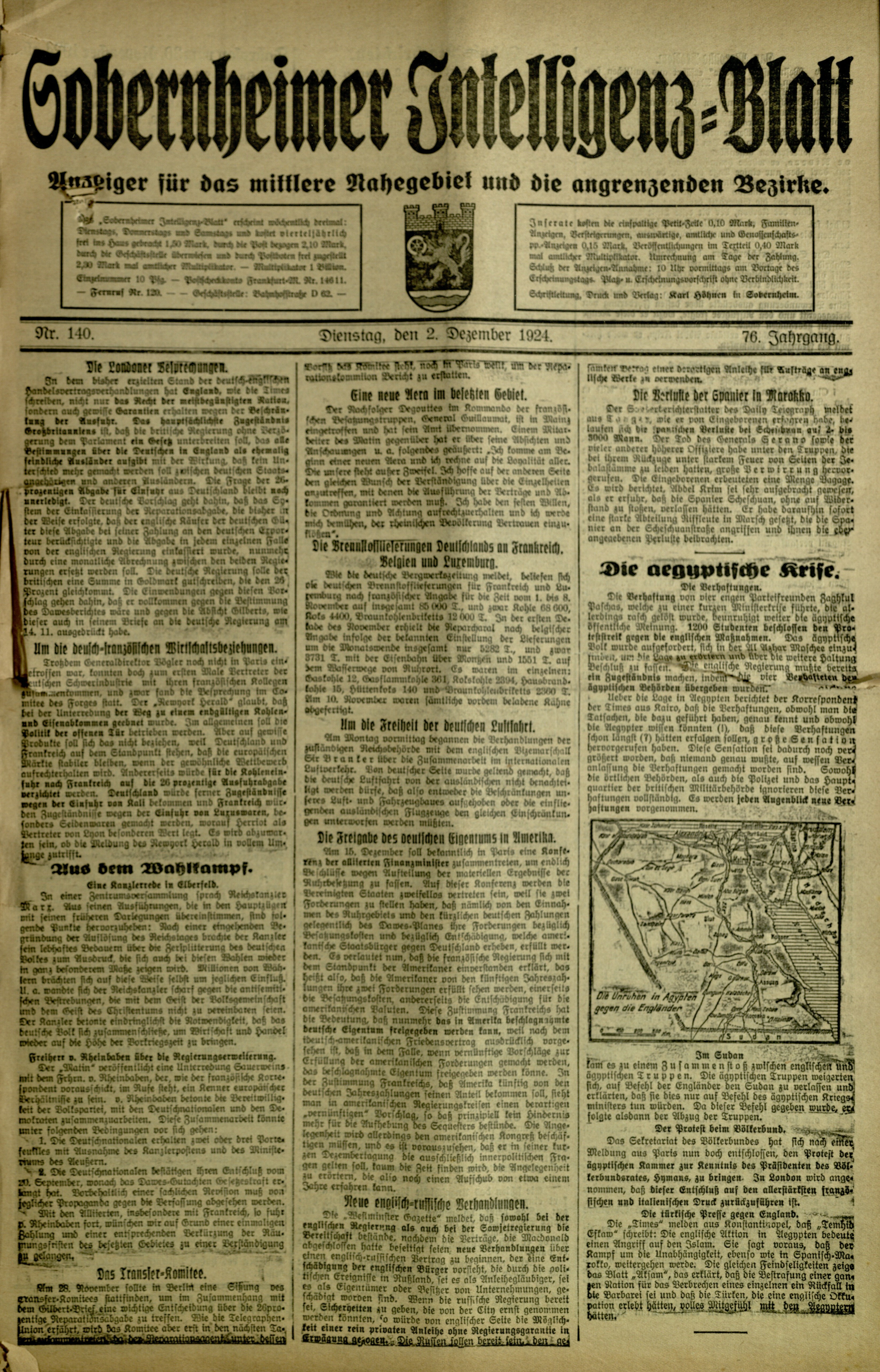 Zeitung: Sobernheimer Intelligenzblatt; Dezember 1924, Jg. 73 Nr. 140 (Heimatmuseum Bad Sobernheim CC BY-NC-SA)