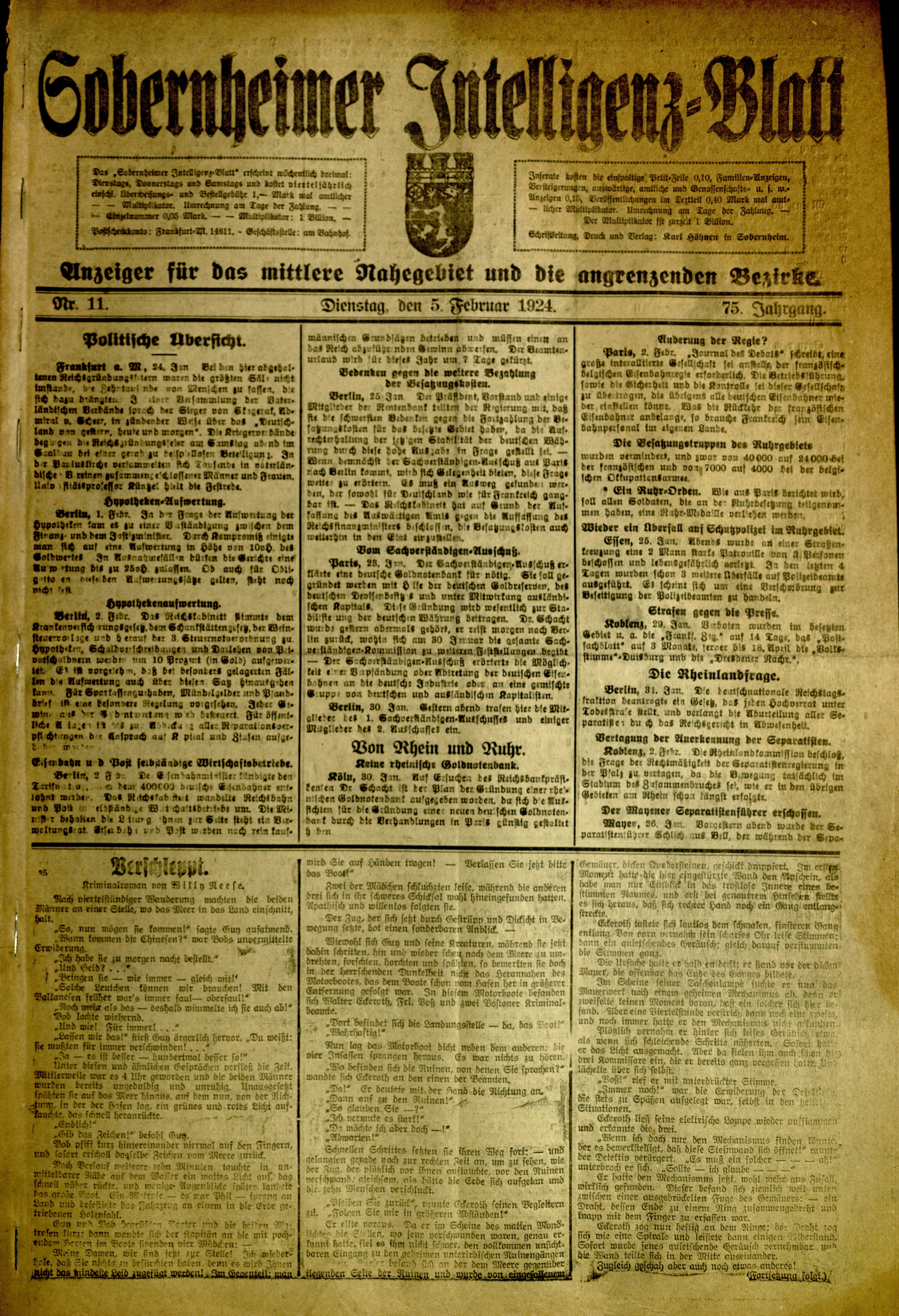 Zeitung: Sobernheimer Intelligenzblatt; Februar 1924, Jg. 73 Nr. 11 (Heimatmuseum Bad Sobernheim CC BY-NC-SA)