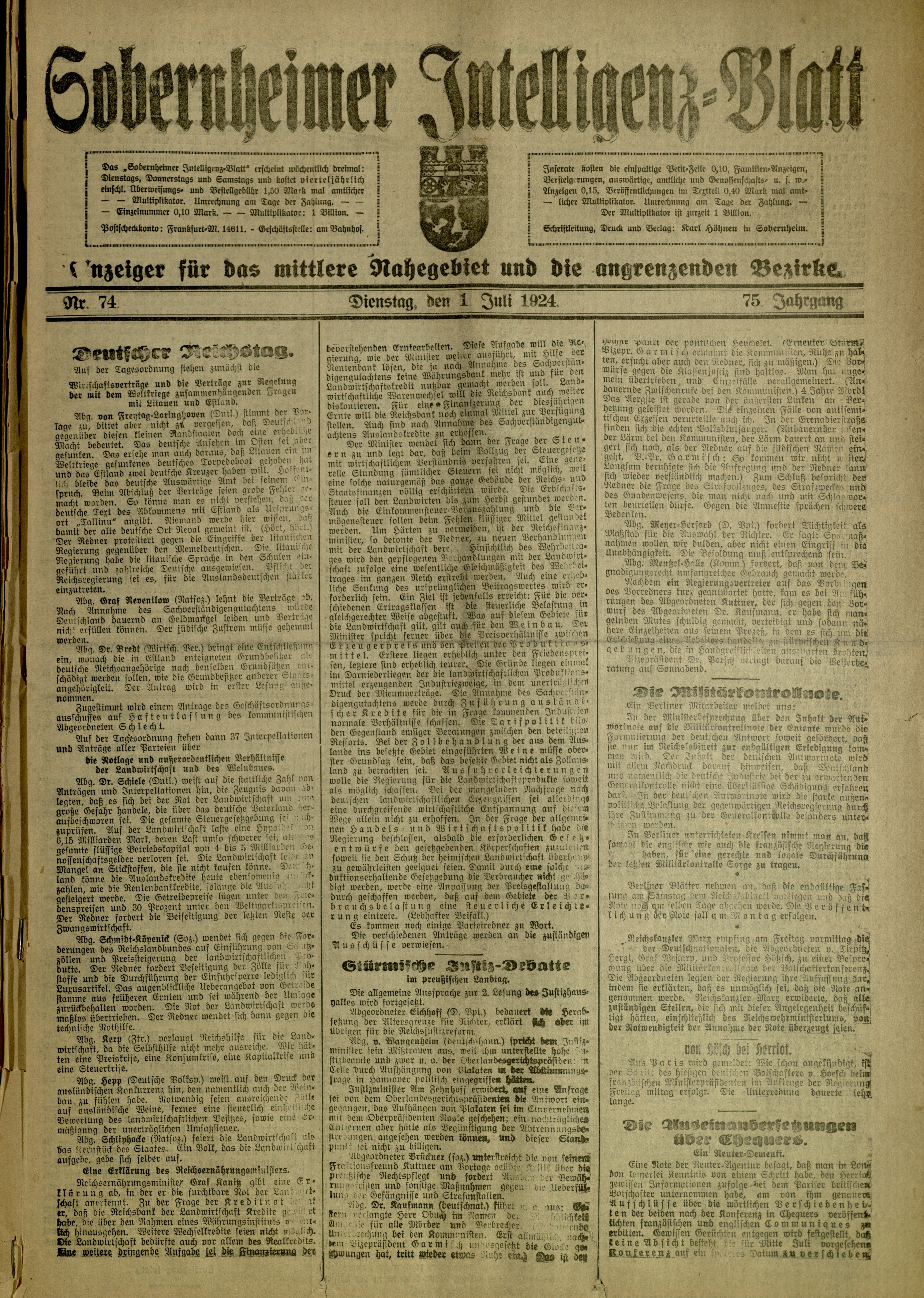 Zeitung: Sobernheimer Intelligenzblatt; Juli 1924, Jg. 73 Nr. 74 (Heimatmuseum Bad Sobernheim CC BY-NC-SA)