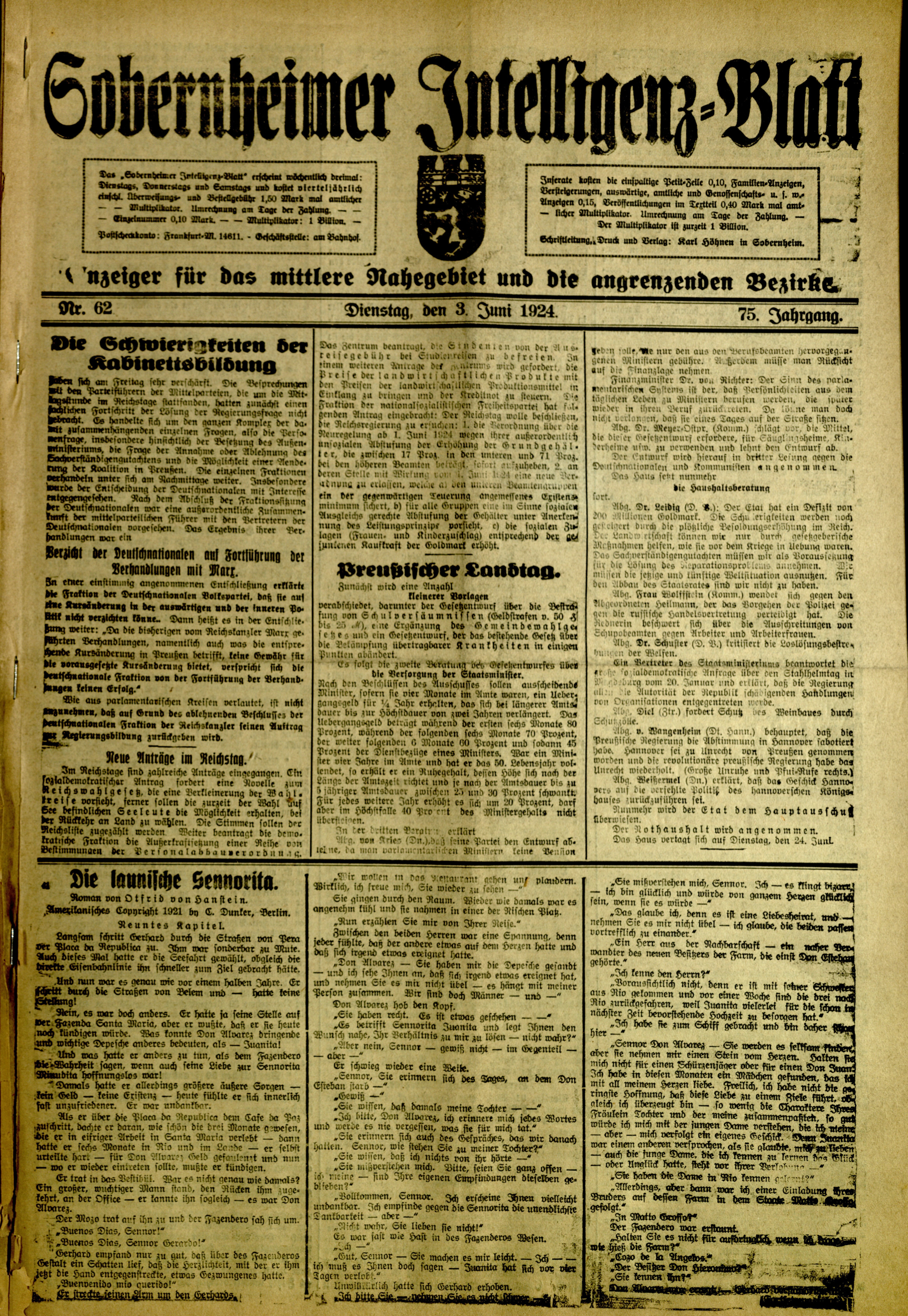 Zeitung: Sobernheimer Intelligenzblatt; Juni 1924, Jg. 73 Nr. 62 (Heimatmuseum Bad Sobernheim CC BY-NC-SA)
