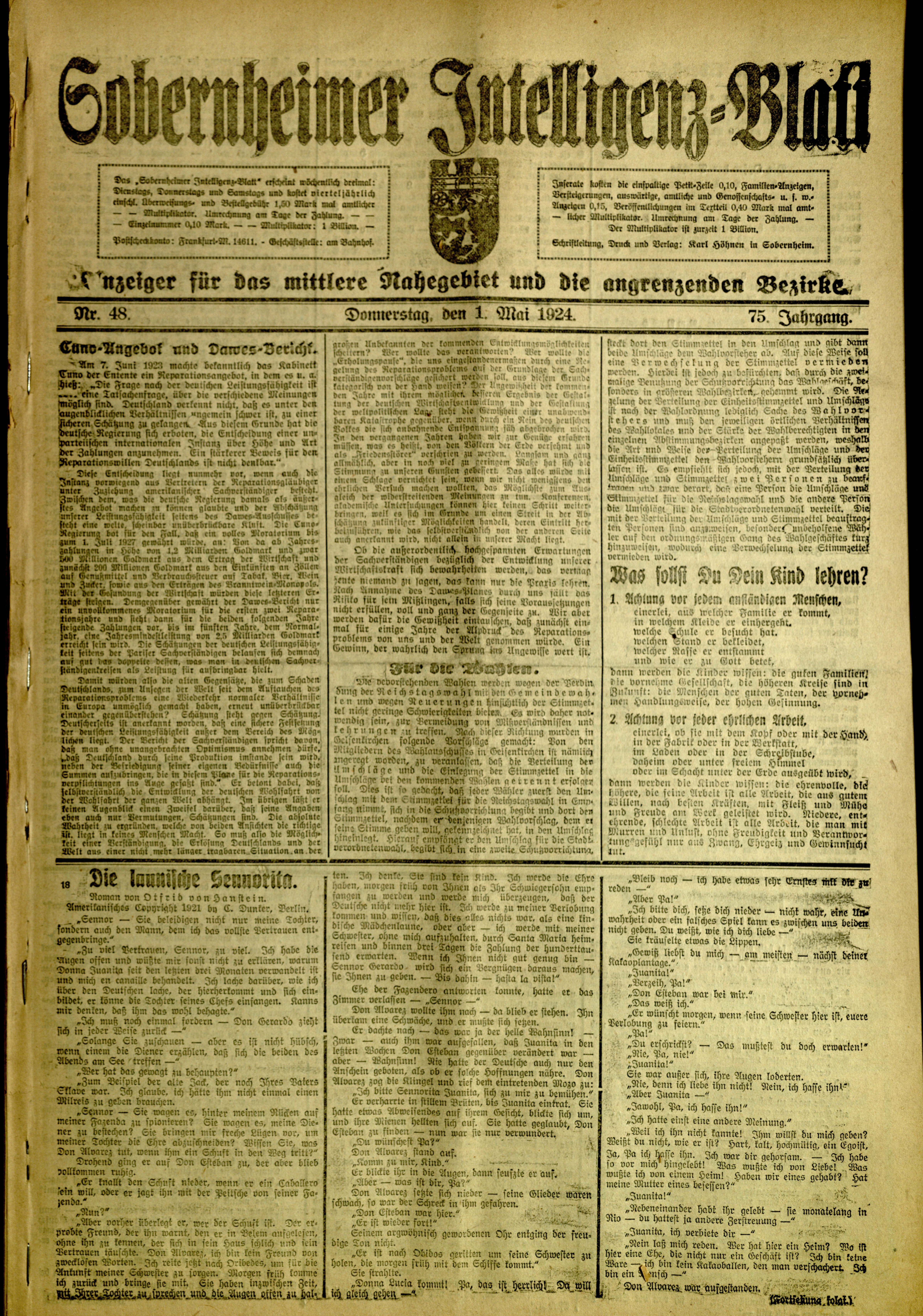 Zeitung: Sobernheimer Intelligenzblatt; Mai 1924, Jg. 73 Nr. 48 (Heimatmuseum Bad Sobernheim CC BY-NC-SA)