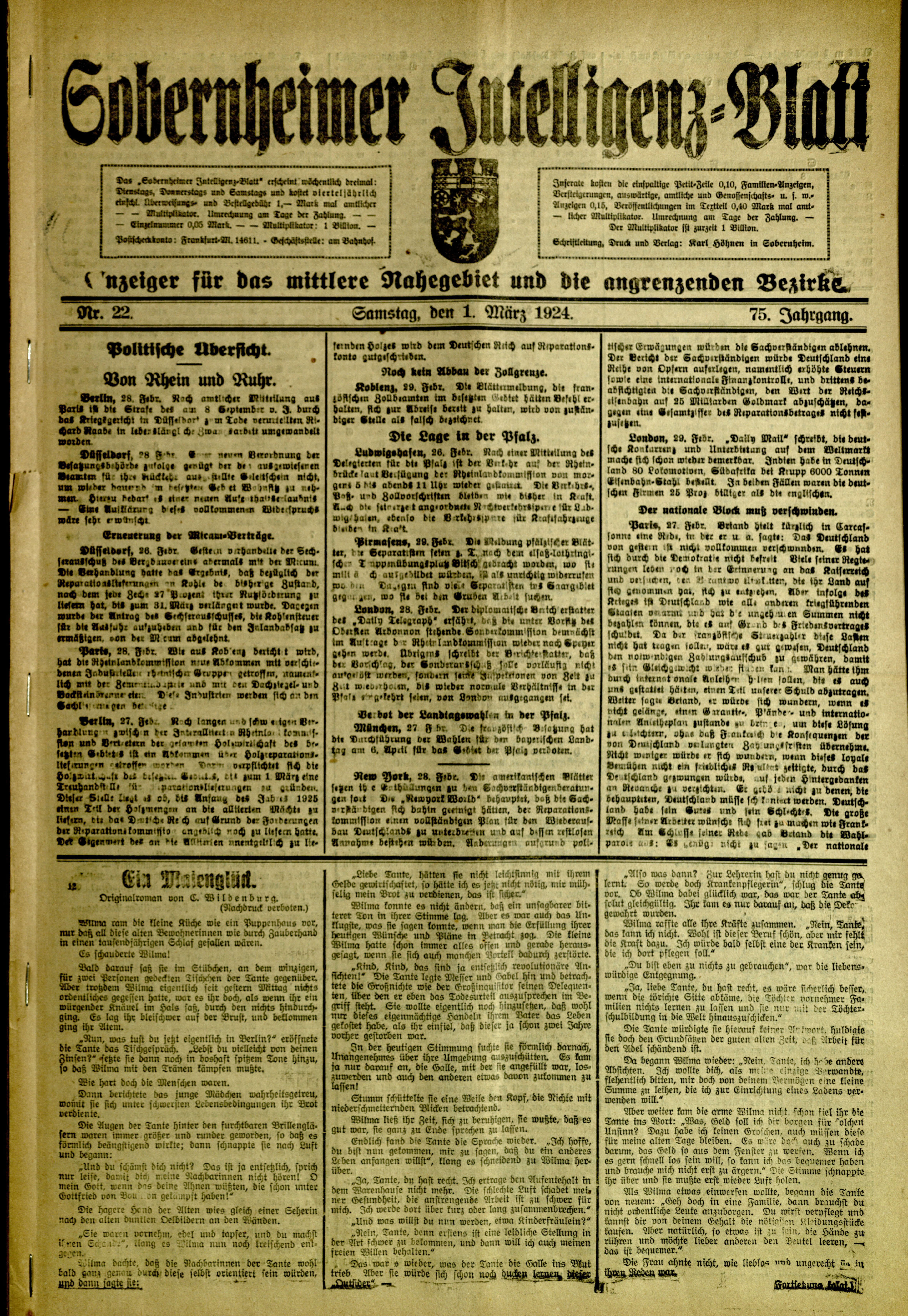 Zeitung: Sobernheimer Intelligenzblatt; März 1924, Jg. 73 Nr. 22 (Heimatmuseum Bad Sobernheim CC BY-NC-SA)