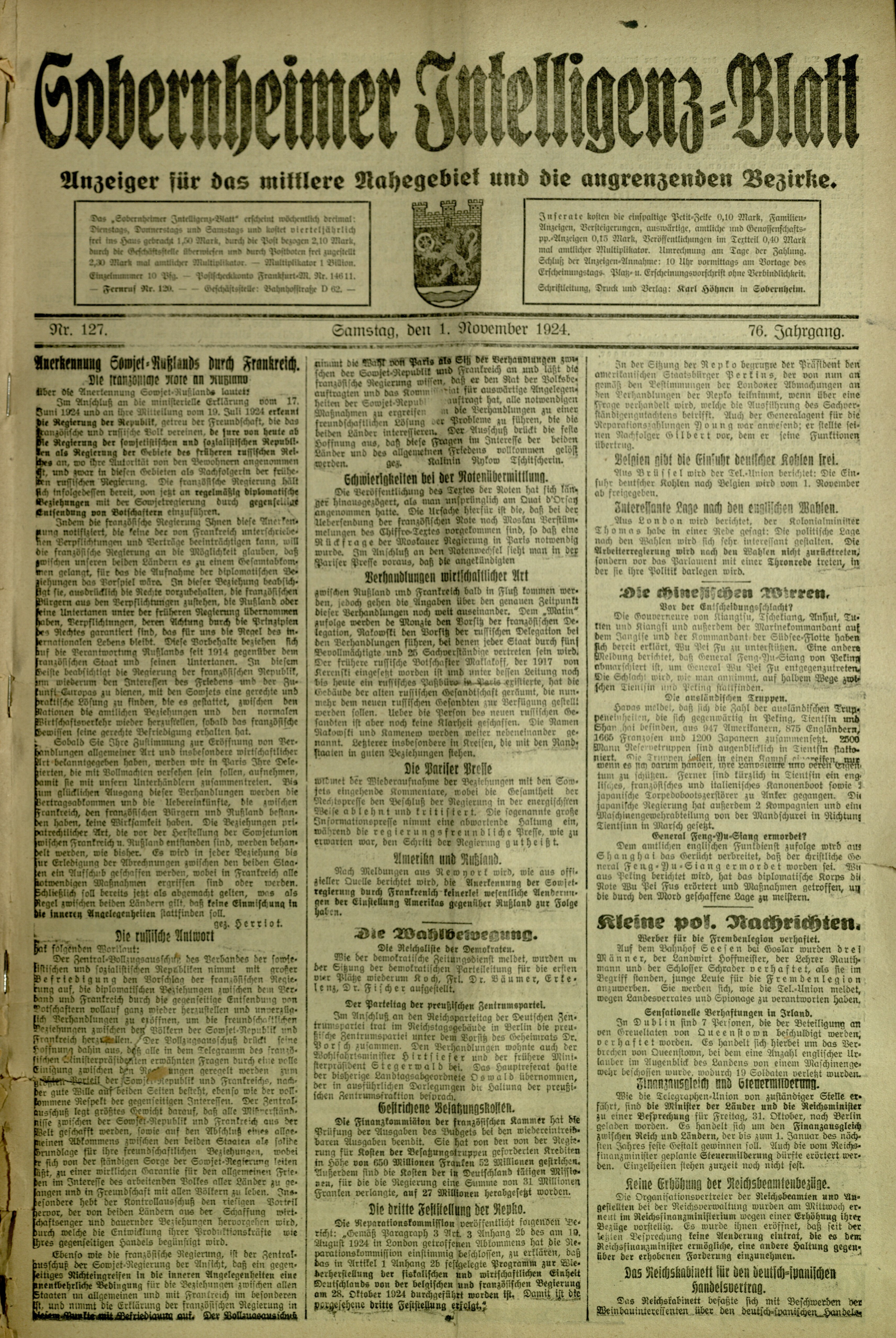 Zeitung: Sobernheimer Intelligenzblatt; November 1924, Jg. 73 Nr. 127 (Heimatmuseum Bad Sobernheim CC BY-NC-SA)