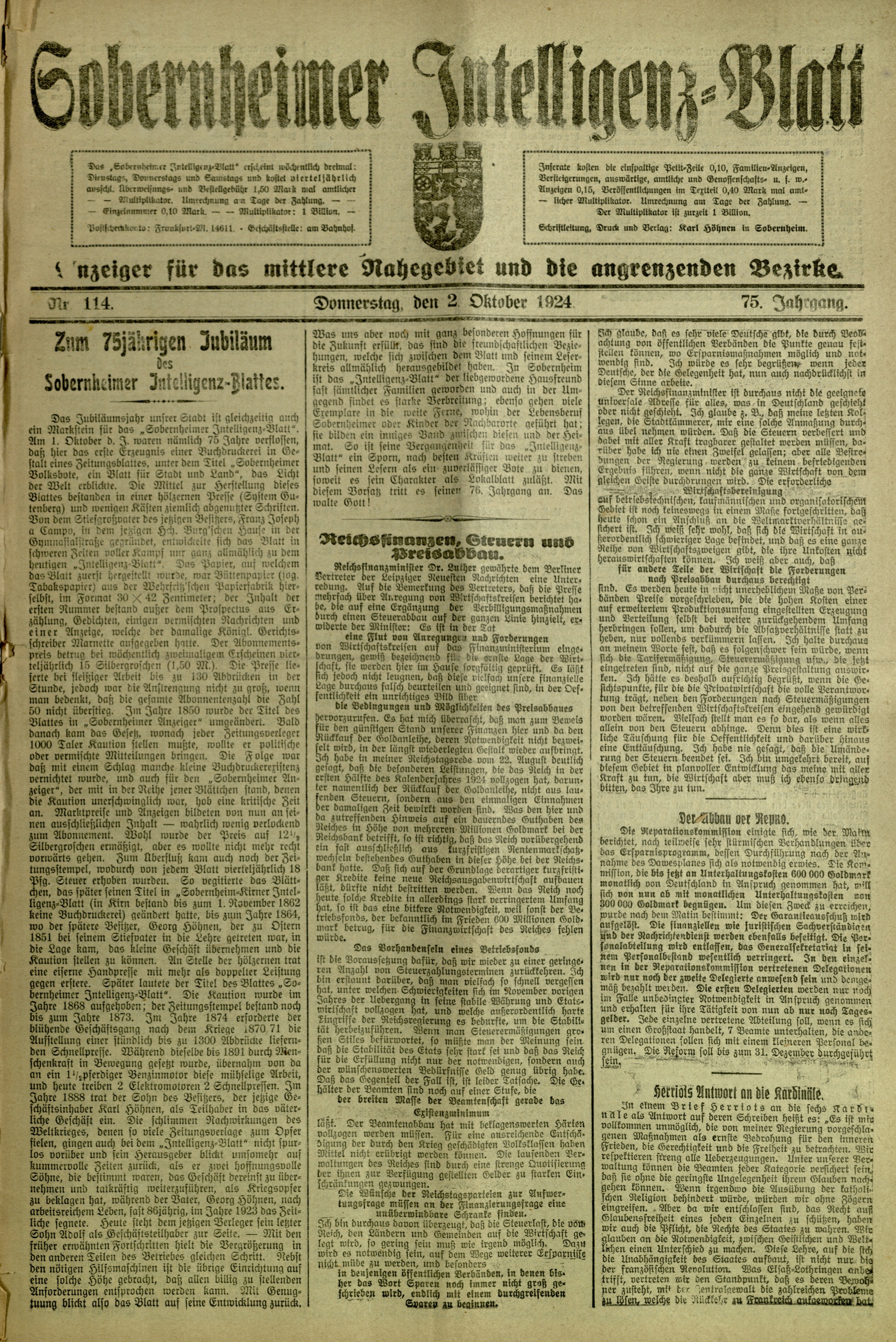 Zeitung: Sobernheimer Intelligenzblatt; Oktober 1924, Jg. 73 Nr. 114 (Heimatmuseum Bad Sobernheim CC BY-NC-SA)