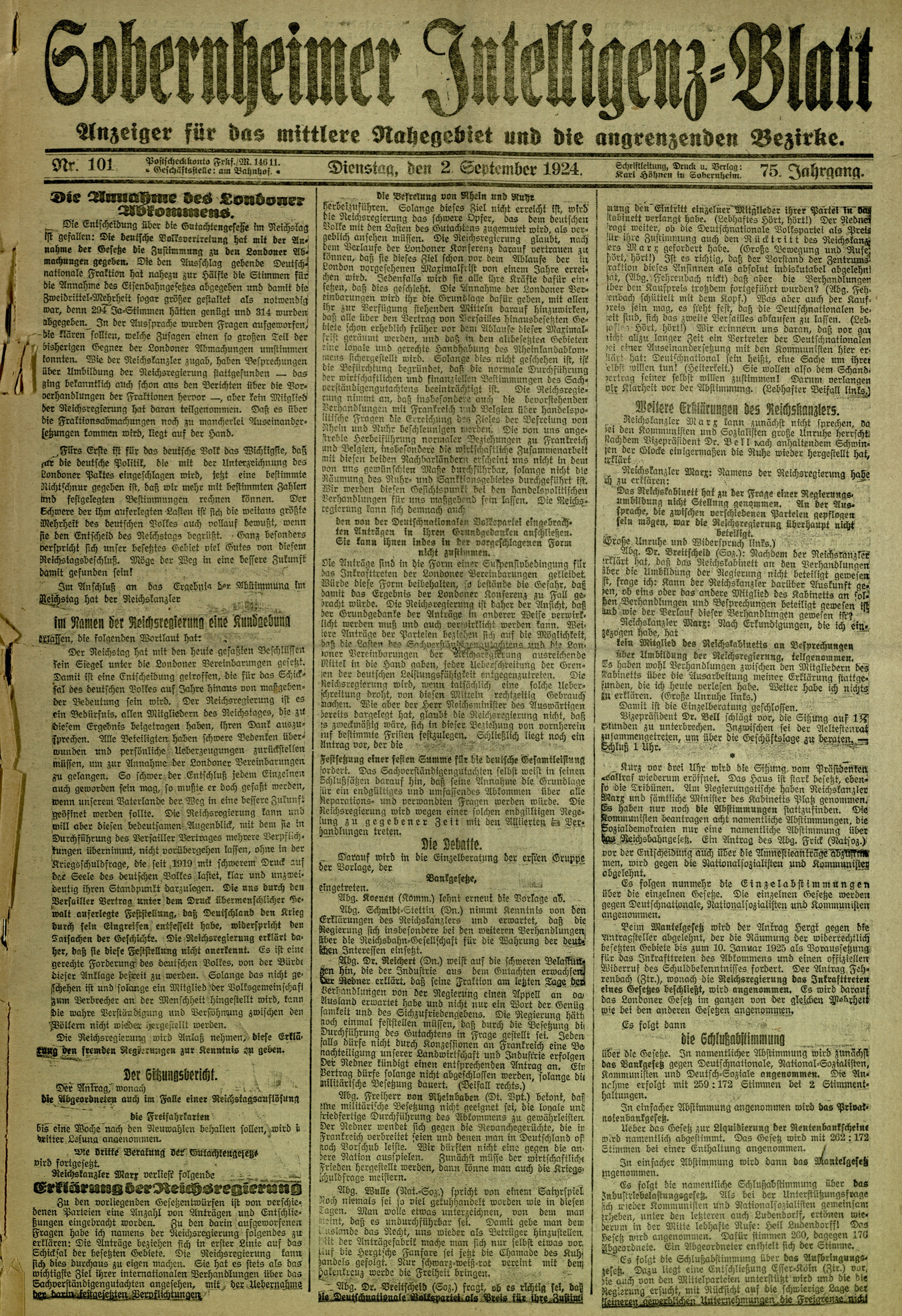 Zeitung: Sobernheimer Intelligenzblatt; September 1924, Jg. 73 Nr. 101 (Heimatmuseum Bad Sobernheim CC BY-NC-SA)