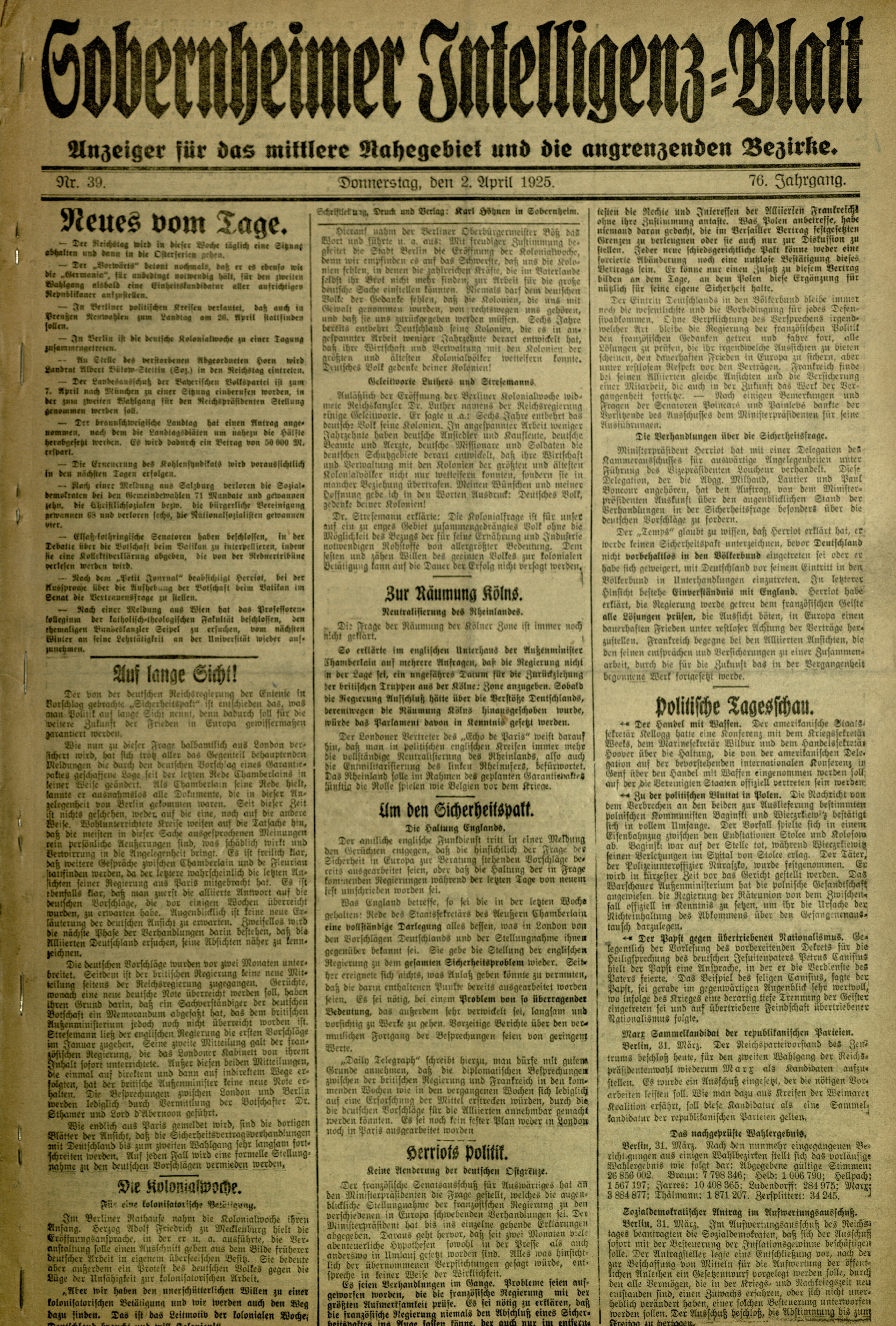 Zeitung: Sobernheimer Intelligenzblatt; April 1924, Jg. 73 Nr. 389 (Heimatmuseum Bad Sobernheim CC BY-NC-SA)