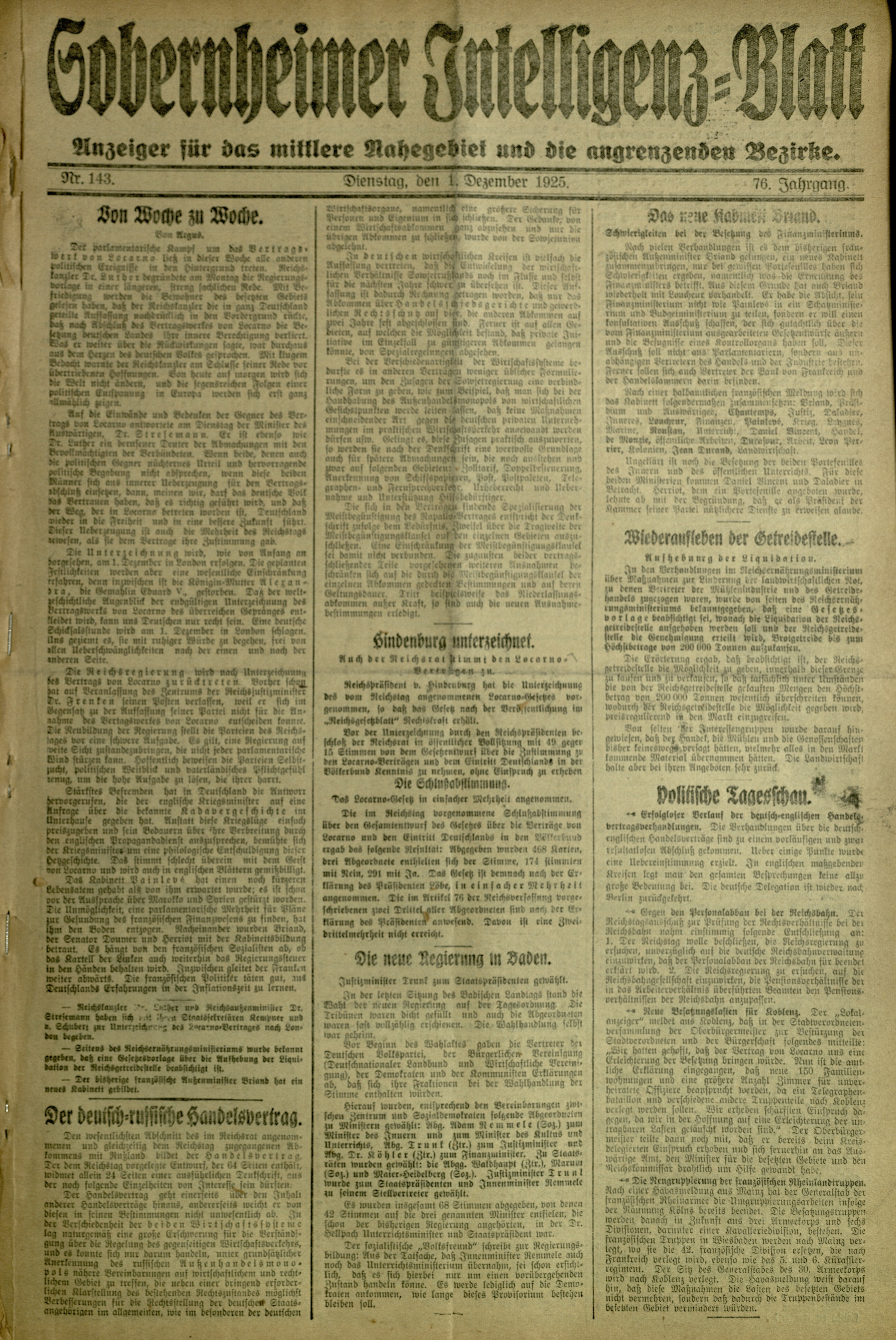 Zeitung: Sobernheimer Intelligenzblatt; Dezember 1925, Jg. 76 Nr. 143 (Heimatmuseum Bad Sobernheim CC BY-NC-SA)