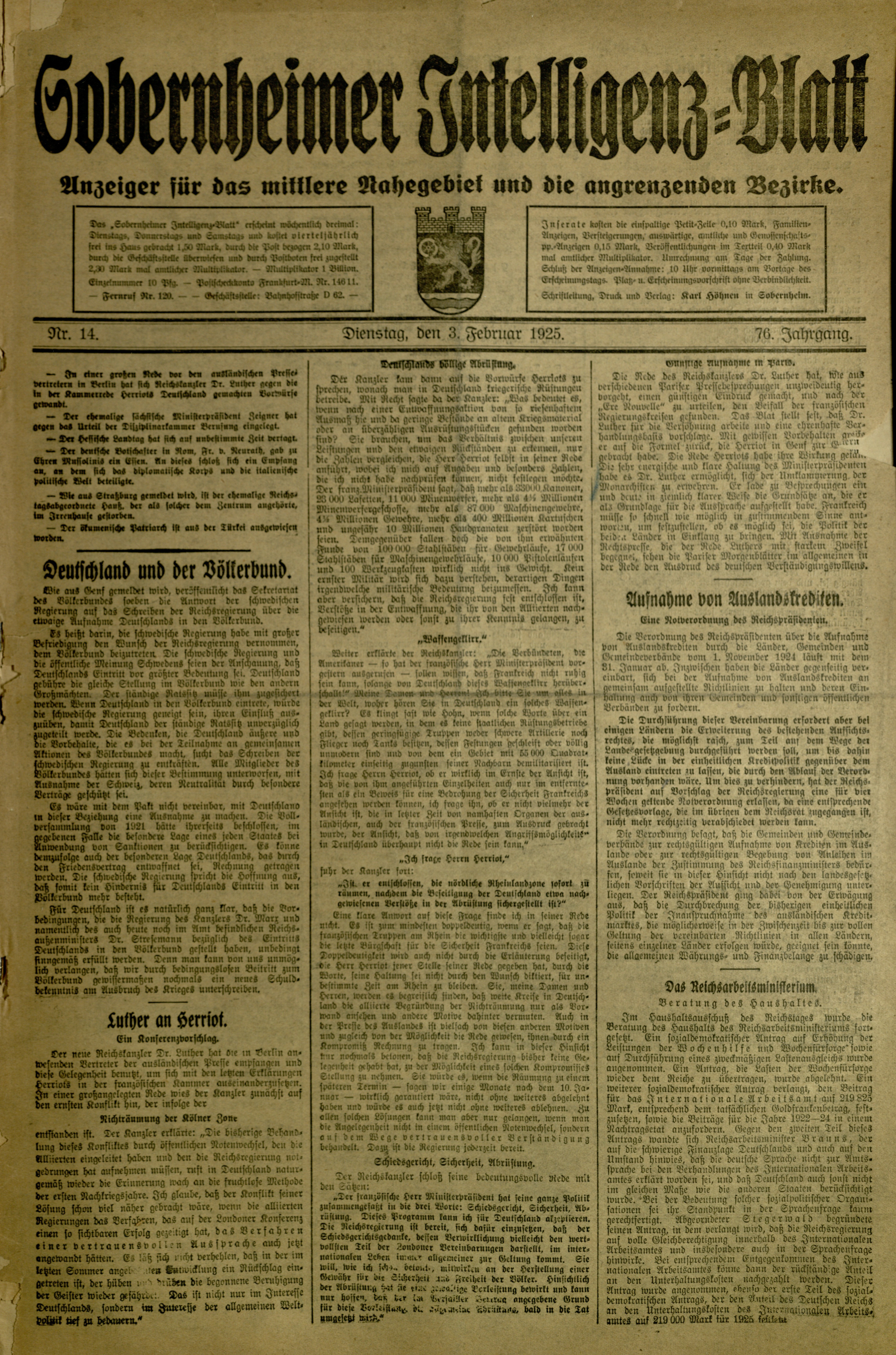 Zeitung: Sobernheimer Intelligenzblatt; Februar 1925, Jg. 76 Nr. 14 (Heimatmuseum Bad Sobernheim CC BY-NC-SA)