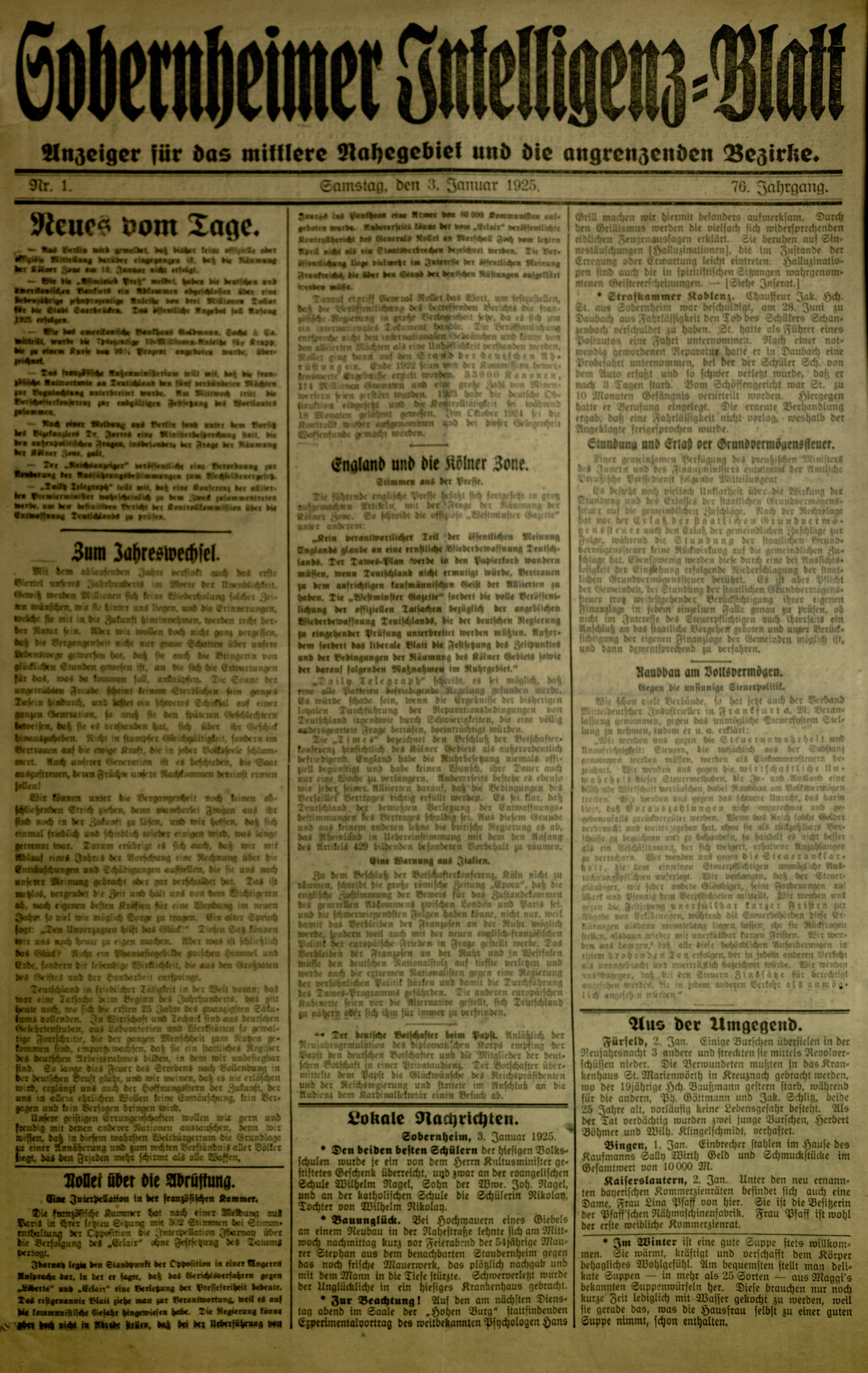 Zeitung: Sobernheimer Intelligenzblatt; Januar 1925, Jg. 76 Nr. 1 (Heimatmuseum Bad Sobernheim CC BY-NC-SA)