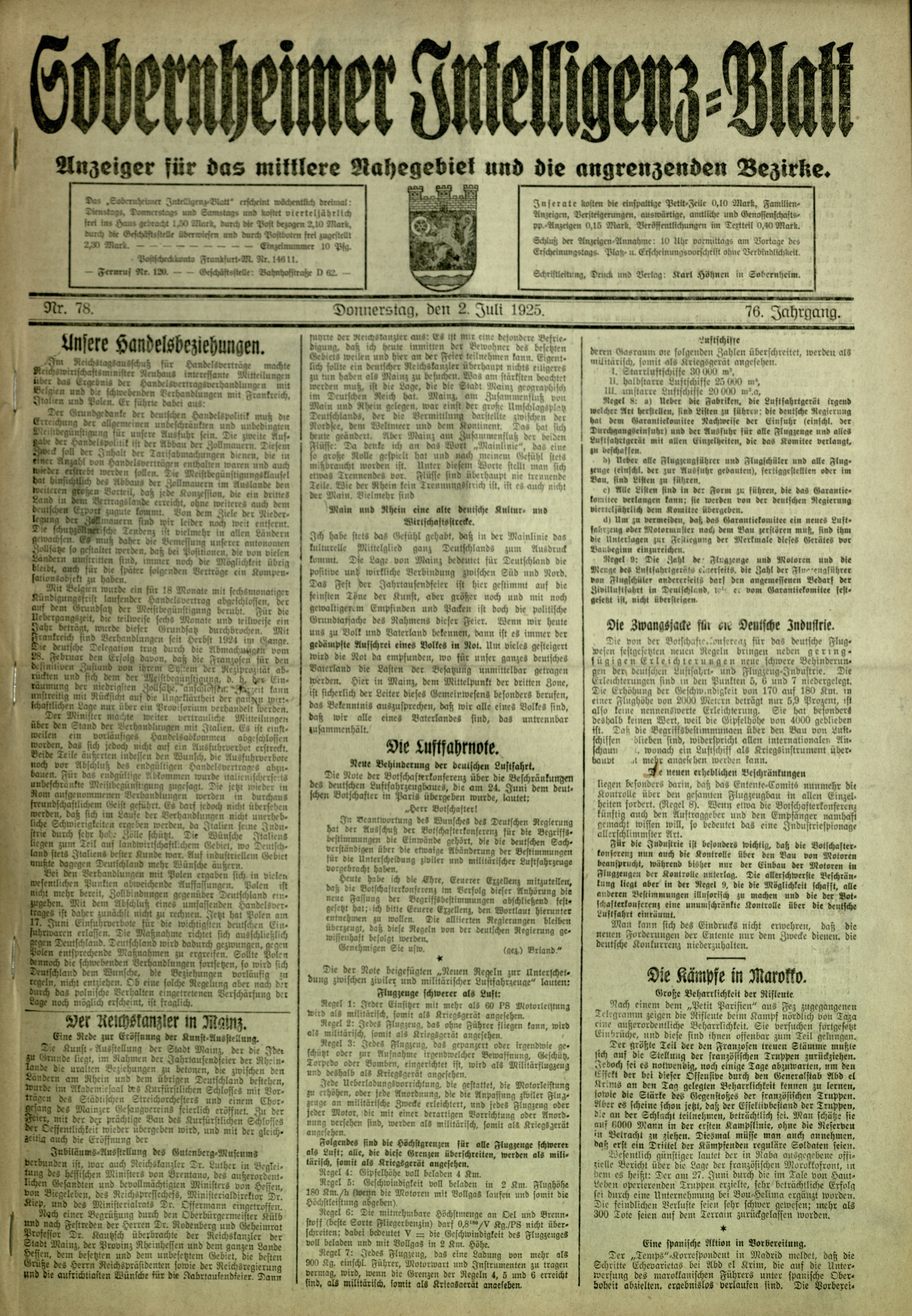 Zeitung: Sobernheimer Intelligenzblatt; Juli 1925, Jg. 76 Nr. 78 (Heimatmuseum Bad Sobernheim CC BY-NC-SA)